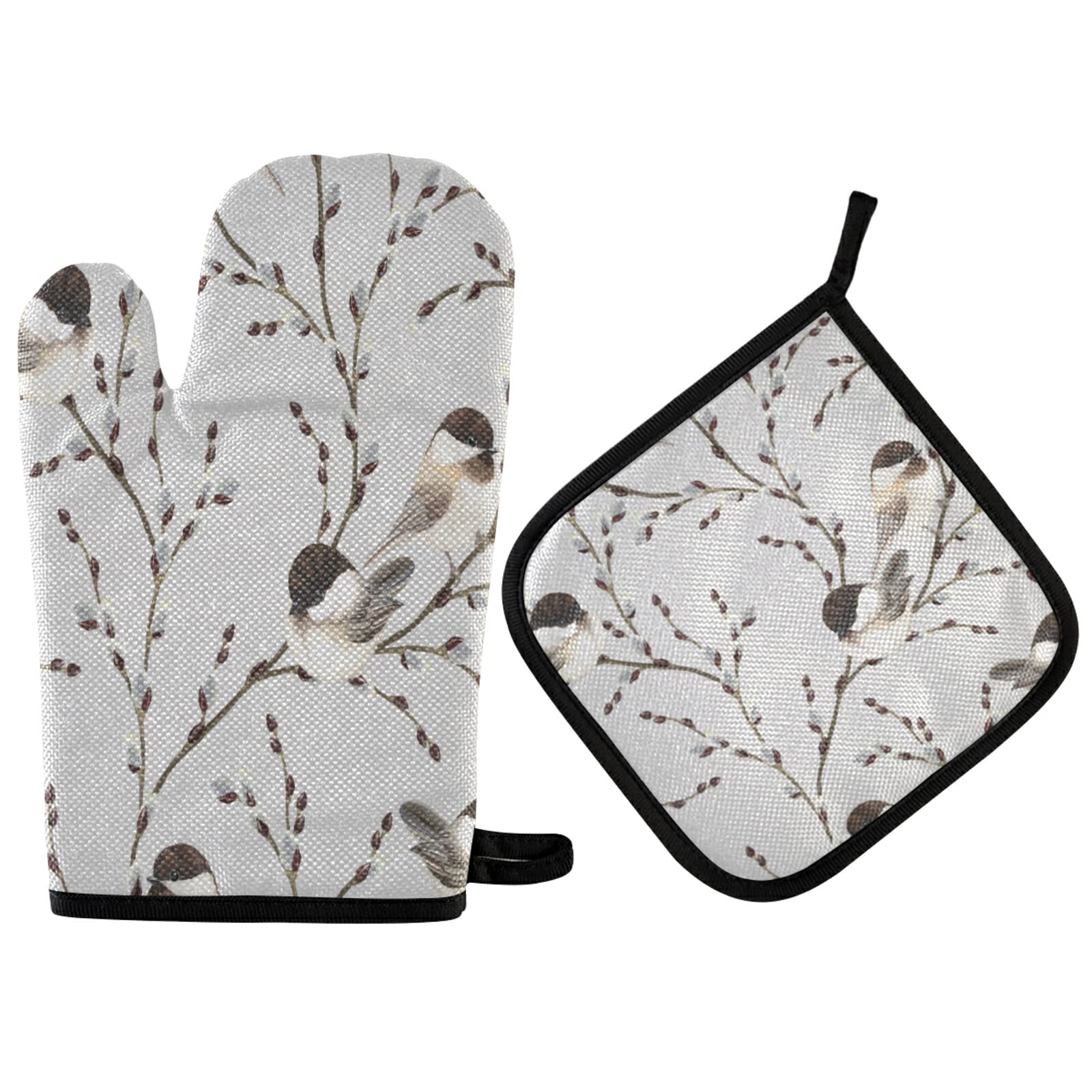 Vintage Chickadee Heat Resistant Oven Mitts & Pot Holders Set - Non-Slip Grilling & Baking Gloves for Cooking, BBQ, Kitchen - Polyester Hot Pads for Baking, Roasting, and Handling Hot Dishes