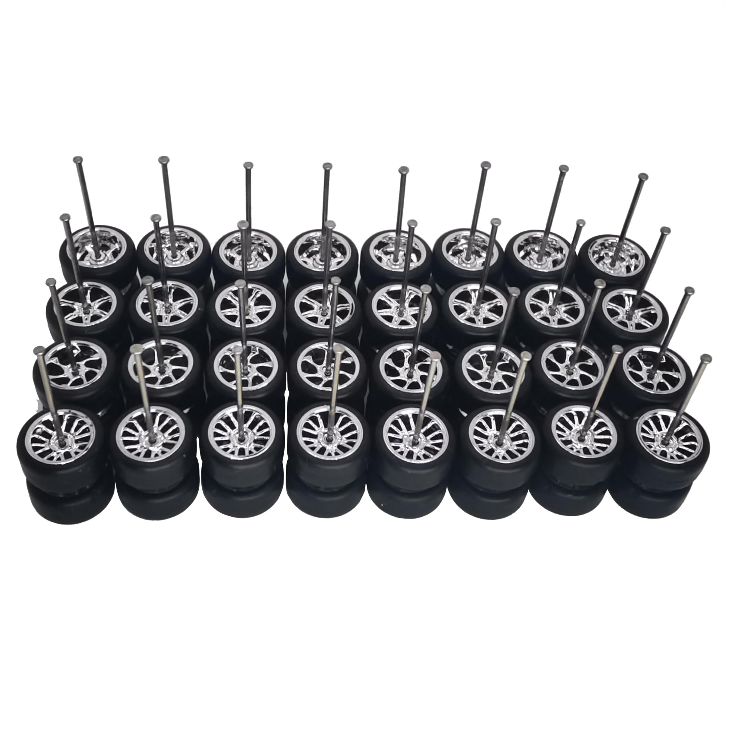 1/64 Scale Wheels and Tires Kit - 16 Set Chrome Plated Silver Alloy Rims with Rubber Tires for Diecast Model Cars - Perfect for Customizing 1/64 Scale Car Collections, Display Cases, and Diorama Scenes