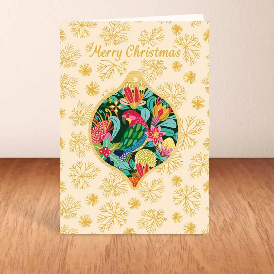 Australian Christmas Card & Rosella Bauble - Handmade Holiday Greeting Cards with Native Bird Ornaments for Christmas Tree Decorations & Festive Gifting