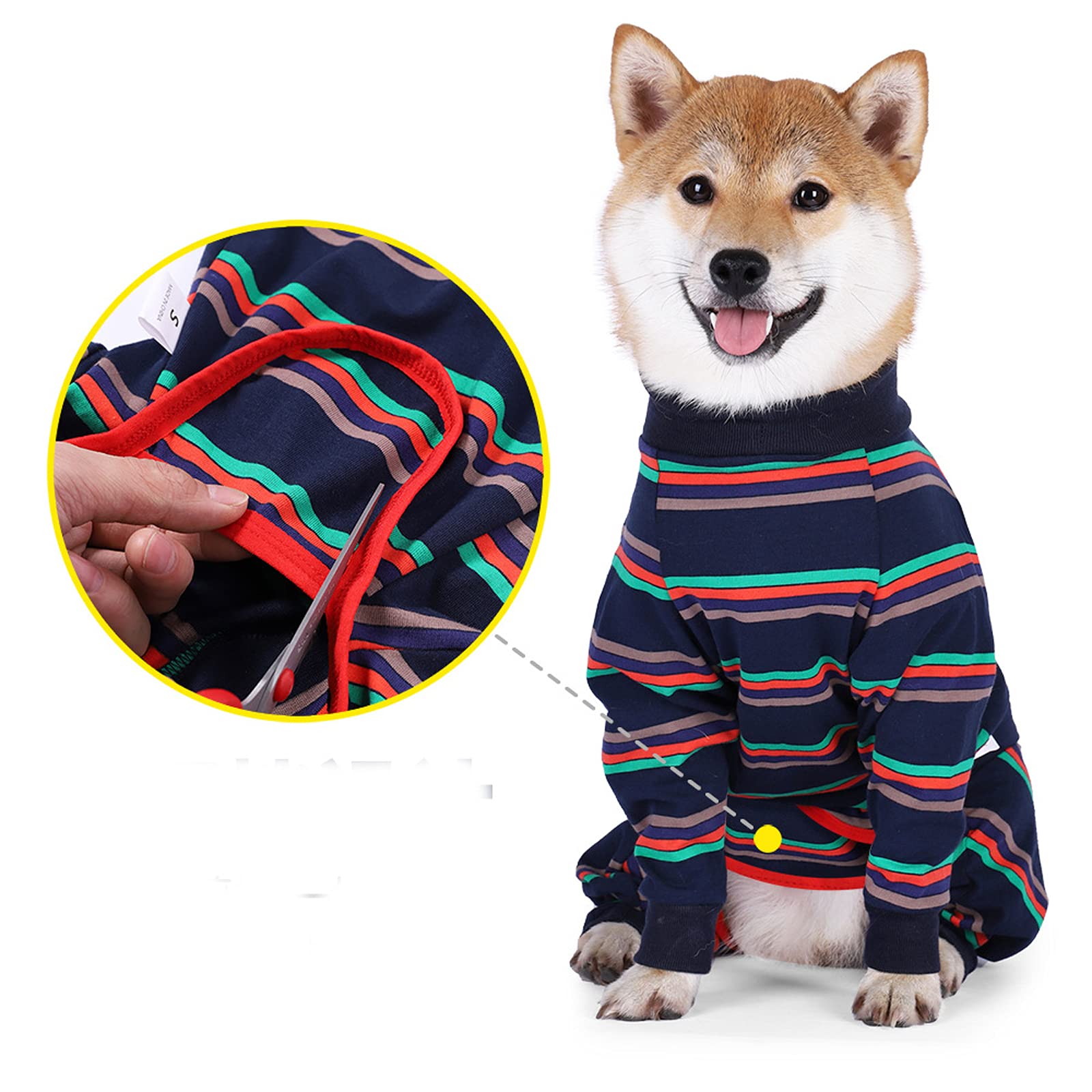 Striped Dog Pajamas - Elastic 4-Leg Jumpsuit for Medium & Large Dogs | Lightweight Pet Clothes for Comfort & Warmth | Perfect for Indoor Lounging, Cold Weather & Post-Surgery Recovery (Navy Blue, Size S)