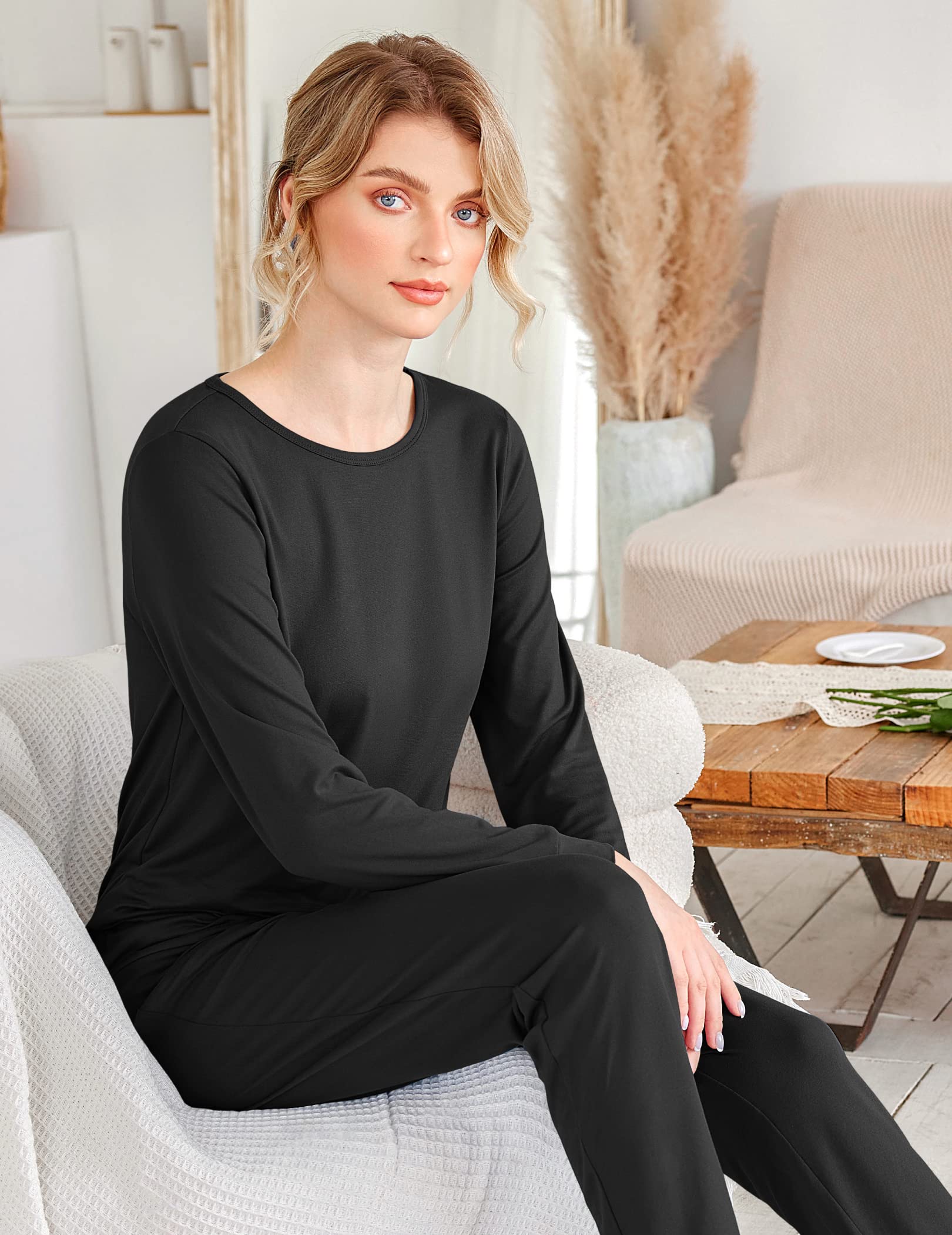 Ekouaer Women's Long Sleeve Jogger Pajama Set - Soft Sleepwear with Pockets, Round Neck Lounge Pjs for Nightwear & Comfortable Home Wear - Perfect for Sleeping, Lounging and Relaxing at Home