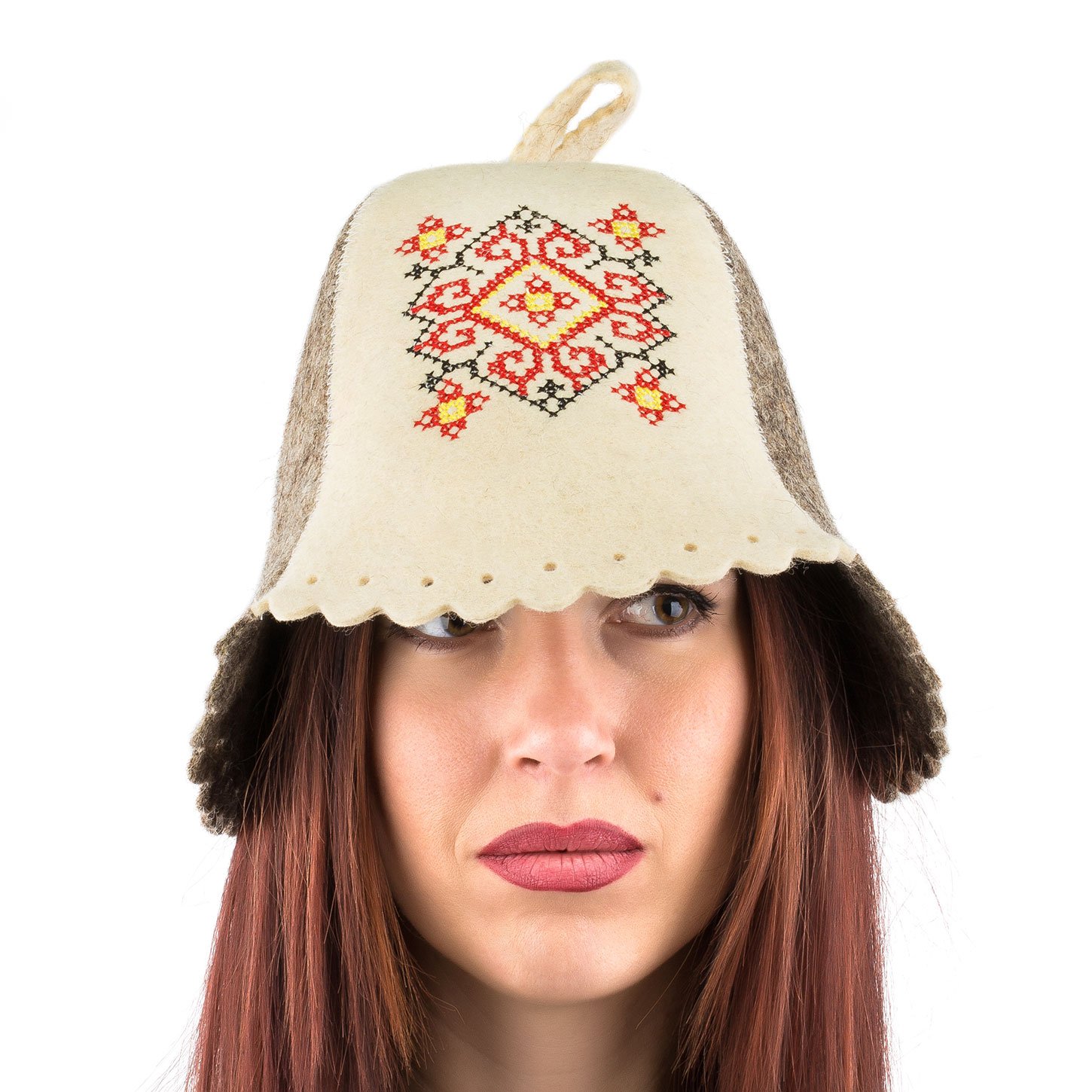 Ukrainian Embroidered Wool Sauna Hat - Red Traditional Design for Steam Room & Spa Relaxation