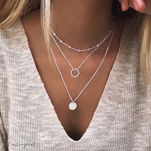 R1: Circle Silver Layered Pendant Necklace