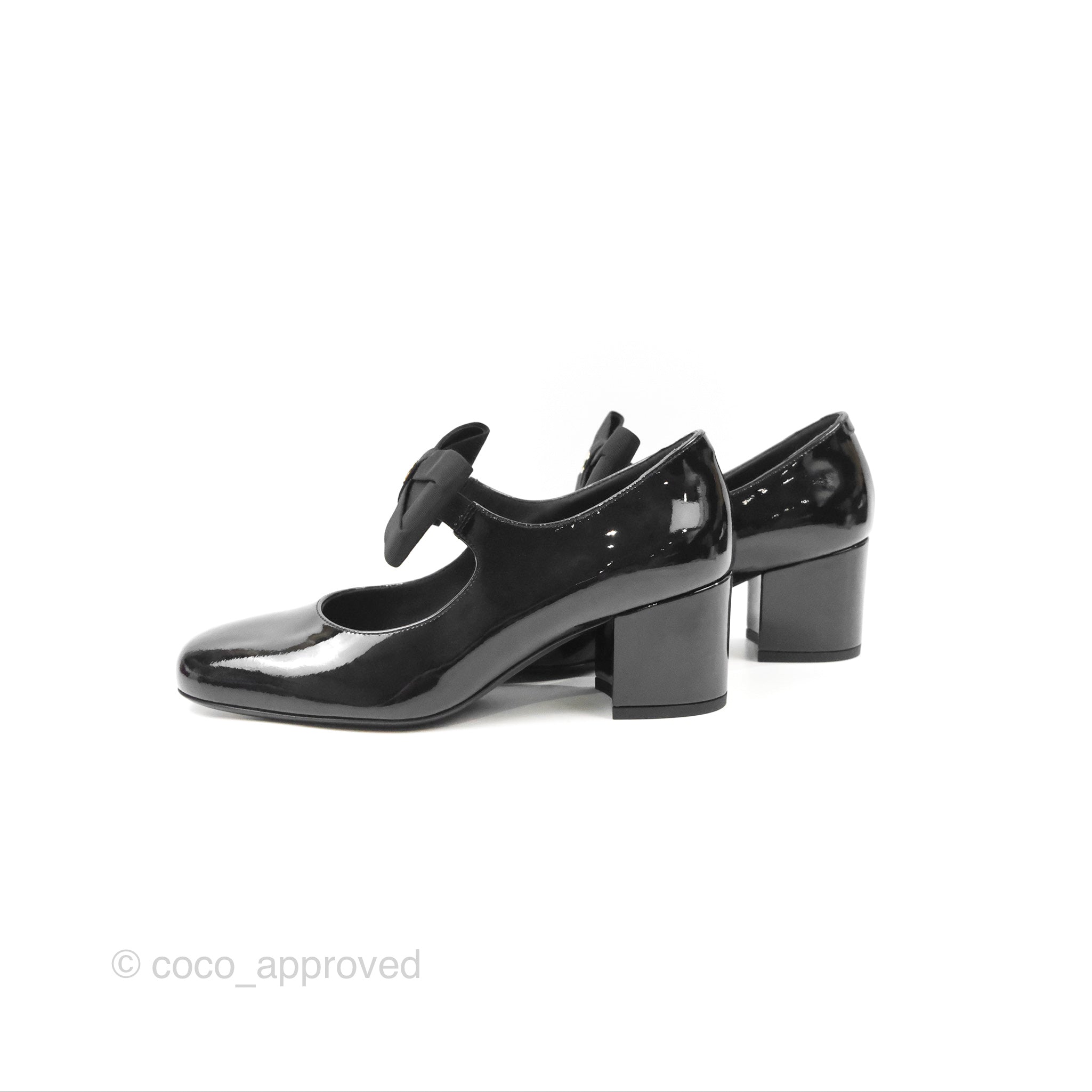 Chanel CC Ribbon Mary Jane Block Heels Black Patent Leather Pumps for Women | 24C Collection | Perfect for Weddings, Parties & Formal Occasions