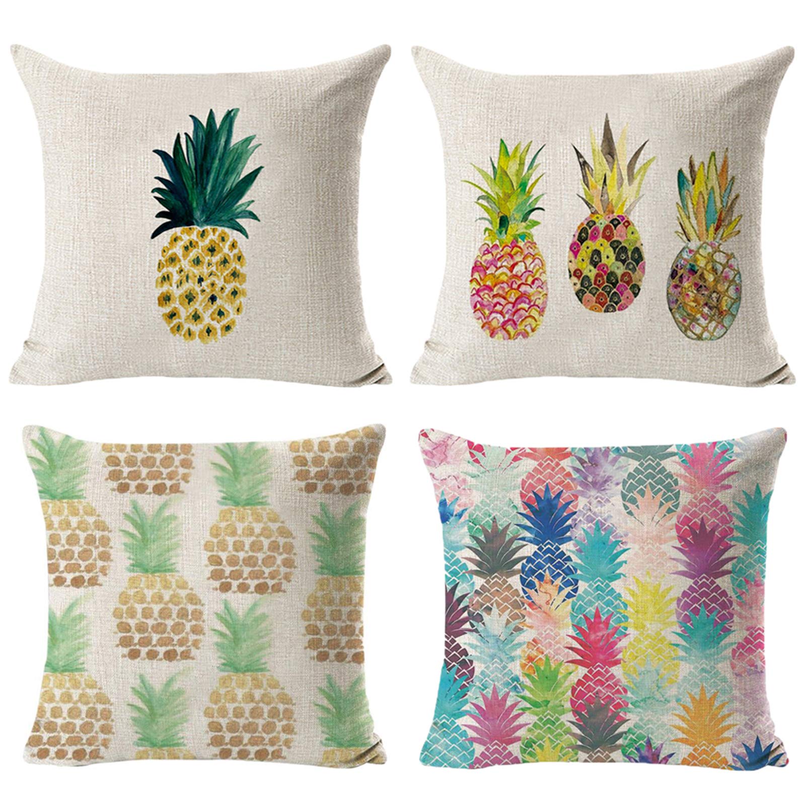 Pineapple Throw Pillow Covers Set of 4 - 18x18 Inch Cotton Linen Decorative Cushion Covers for Sofa, Bed, Patio & Car - Tropical Home Decor Accent Pillowcases