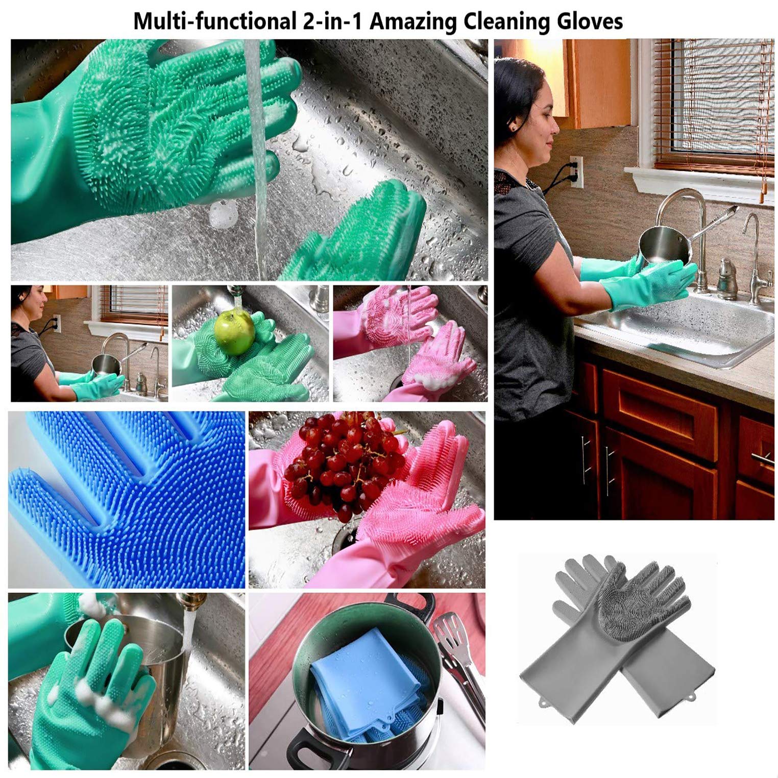Magic Dishwashing Gloves - Reusable Silicone Scrubber Gloves for Kitchen Cleaning, Washing Dishes & Household Chores (Pair) | Perfect for Pots, Pans, Glassware & Delicate Items