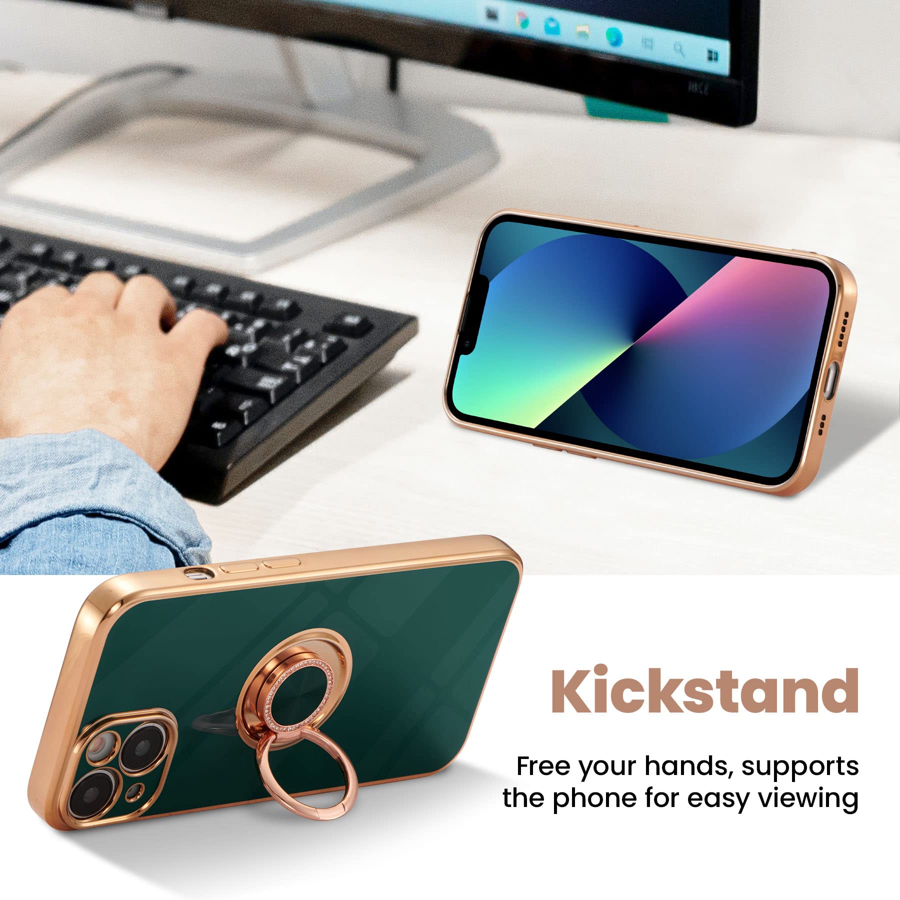 Premium TPU iPhone 14 Case with Ring Stand & Gold Trim - Shockproof Protective Cover for iPhone 14 (6.1 Inch) in Green | Perfect for Hands-Free Viewing, Secure Grip & Everyday Protection