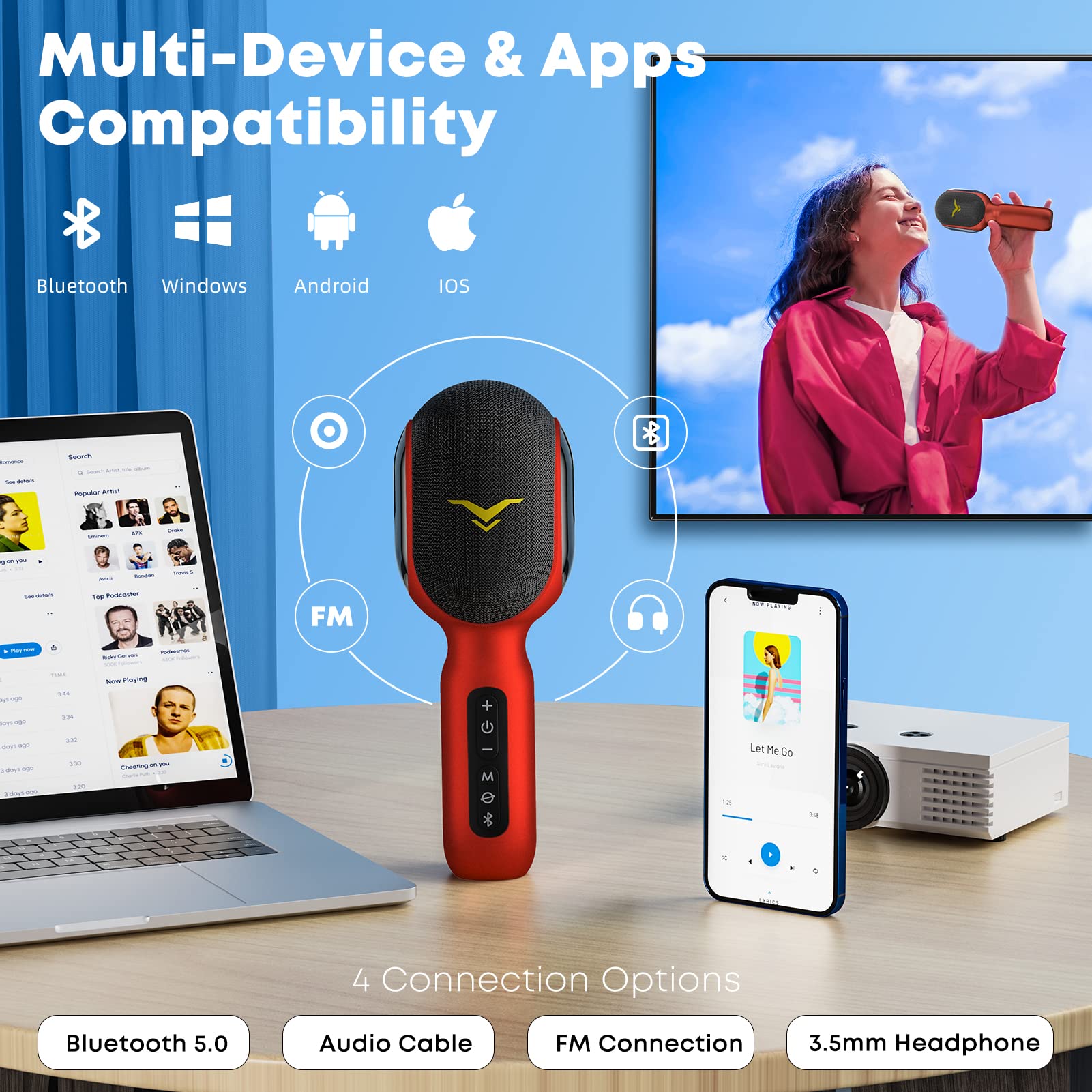Wireless Bluetooth Karaoke Microphone with RGB Lights - 5-in-1 Portable Handheld Mic Speaker for Home Party, Car Travel & Music Recording | Duet Singing Mini Karaoke Machine | Perfect Gift for Kids & Adults | Ideal for Birthday Parties, Road Trips & Family Gatherings