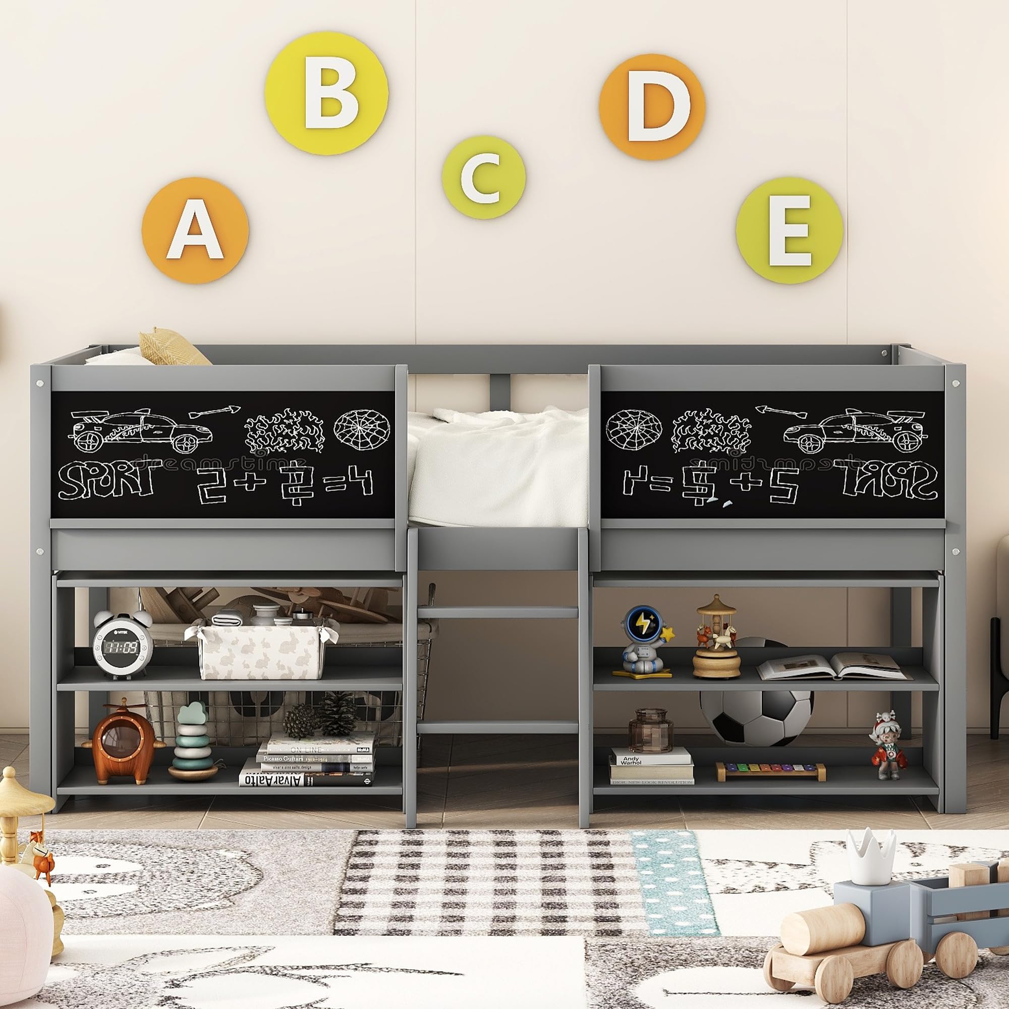Twin Size Low Loft Bed with Movable Shelves & Guardrail - Solid Wood Kids Loft Bed Frame with Chalkboard & Storage - Space-Saving Bed for Small Rooms - Perfect for Boys & Girls Bedroom (Gray)