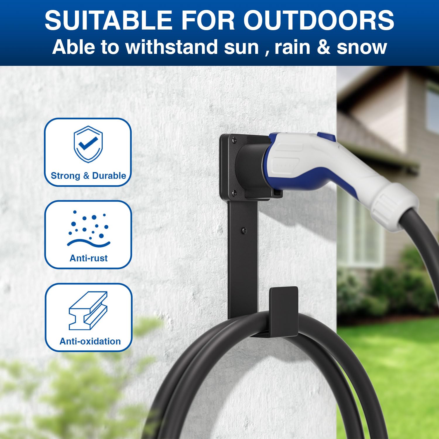 J1772 EV Charger Holder - Wall Mount Nozzle Holster Dock & J-Hook Combo for Electric Vehicle Charging Cable Organization - Perfect for Home Garage & Public Charging Stations