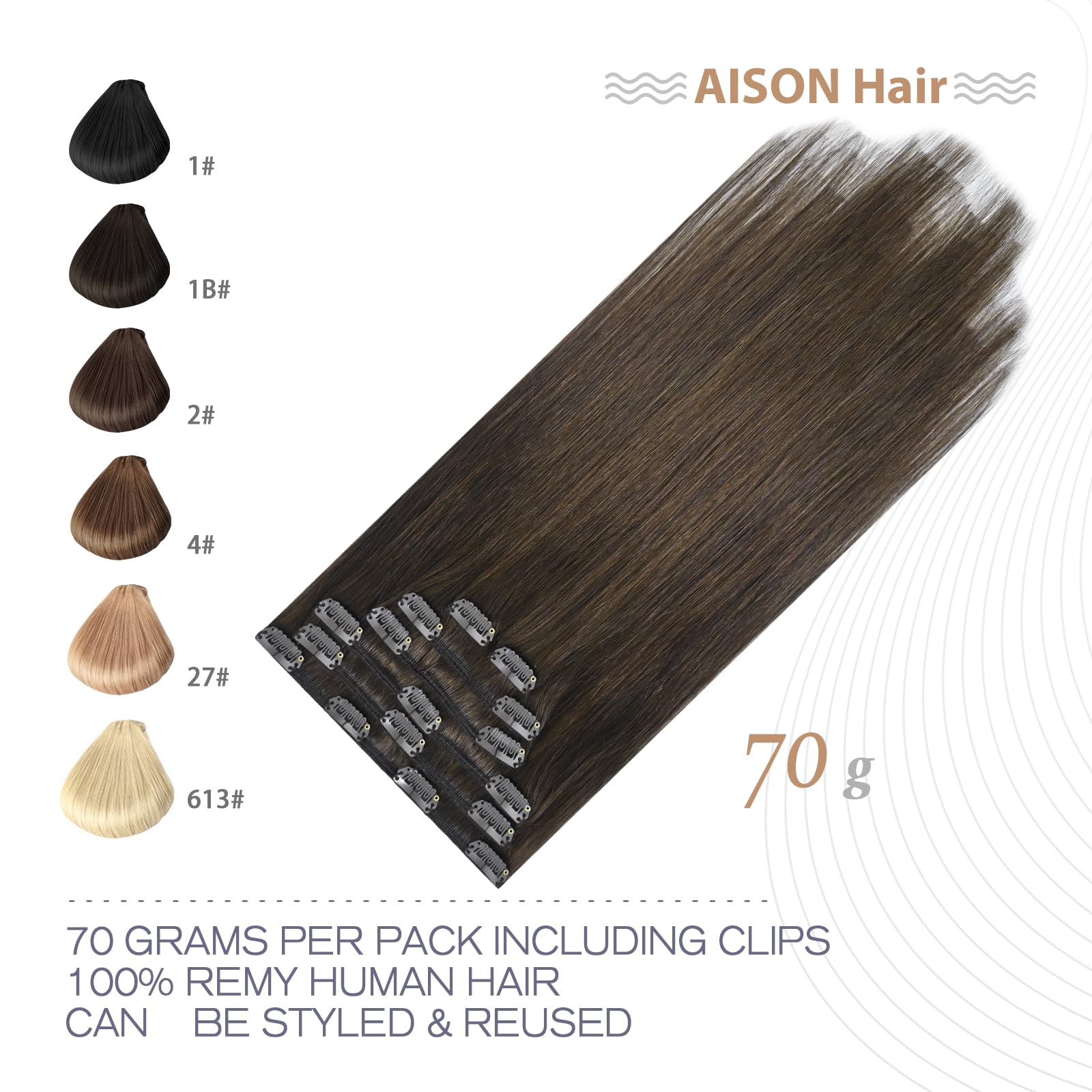 Aison 20 Inch Medium Brown Clip-in Hair Extensions - 100% Remy Human Hair, 70g, 7pcs with 16 Clips - Soft Silky Straight for Natural Look | Perfect for Daily Wear, Parties, Weddings & Special Occasions