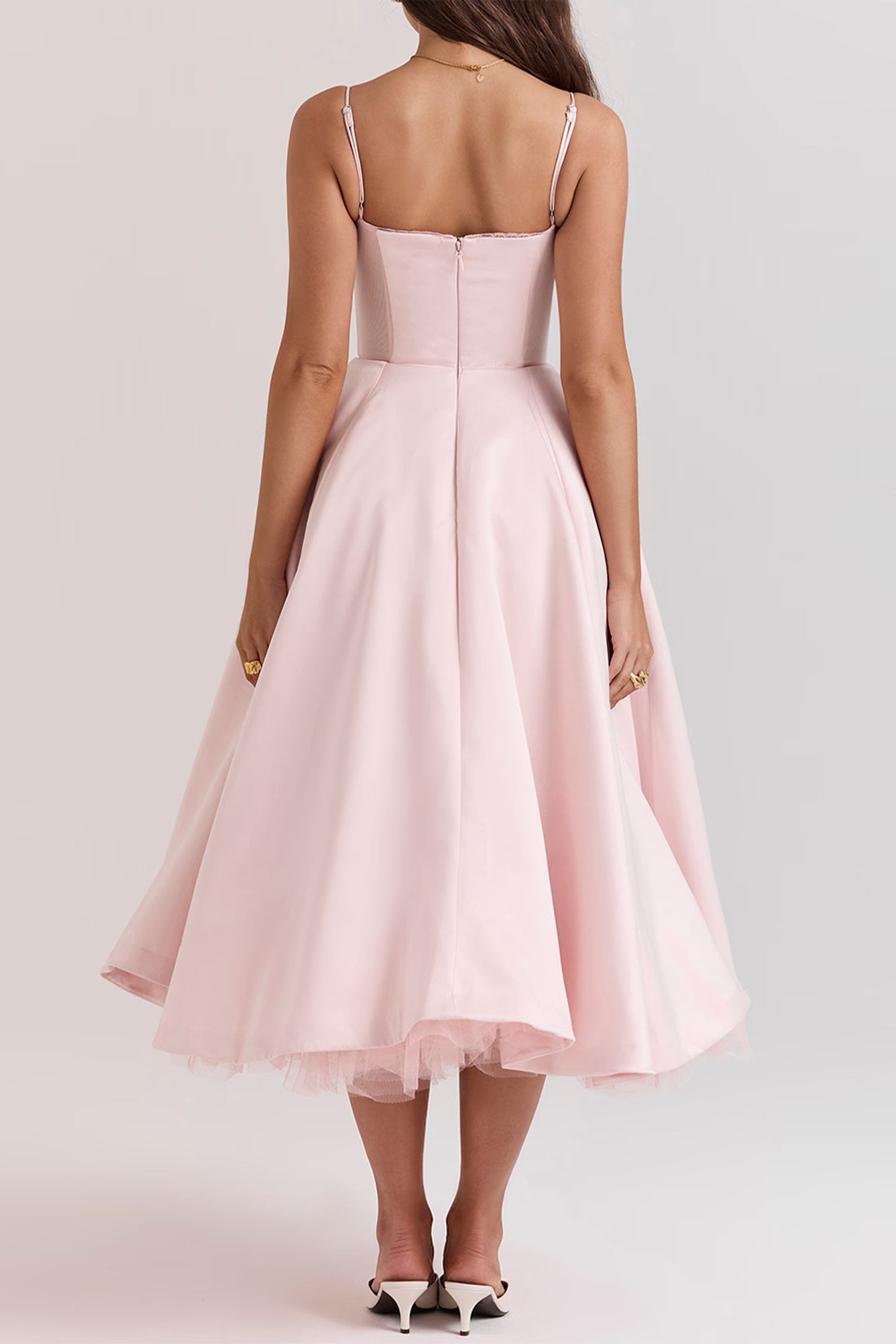 Analissa Pink Mesh Midi Dress - Elegant Flowy Party Dress for Women, Perfect for Weddings, Cocktails & Evening Events
