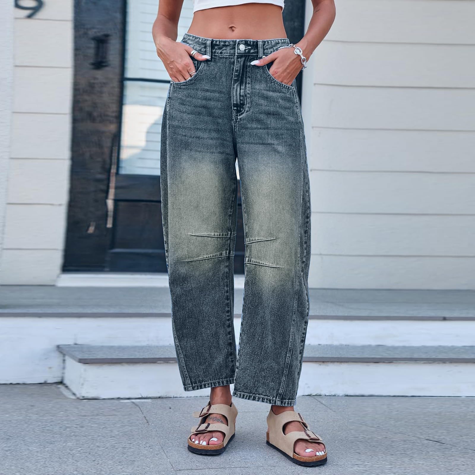 Women's Baggy Barrel Jeans - Cropped Loose Boyfriend Wide Leg Mid Rise Ankle Denim Pants with Pockets | Casual Streetwear, Vintage Style, Everyday Comfort