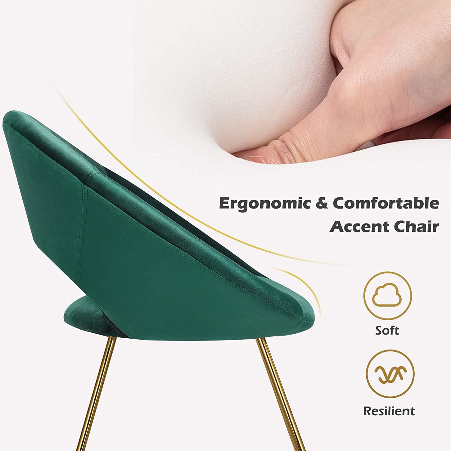 Mid-Century Velvet Accent Chair with Metal Legs - Green Upholstered Vanity Desk Chair for Living Room, Bedroom & Home Office - Golden Finished Modern Sofa Armchair (Set of 2) | Perfect for Reading Nooks, Lounge Areas & Stylish Workspaces