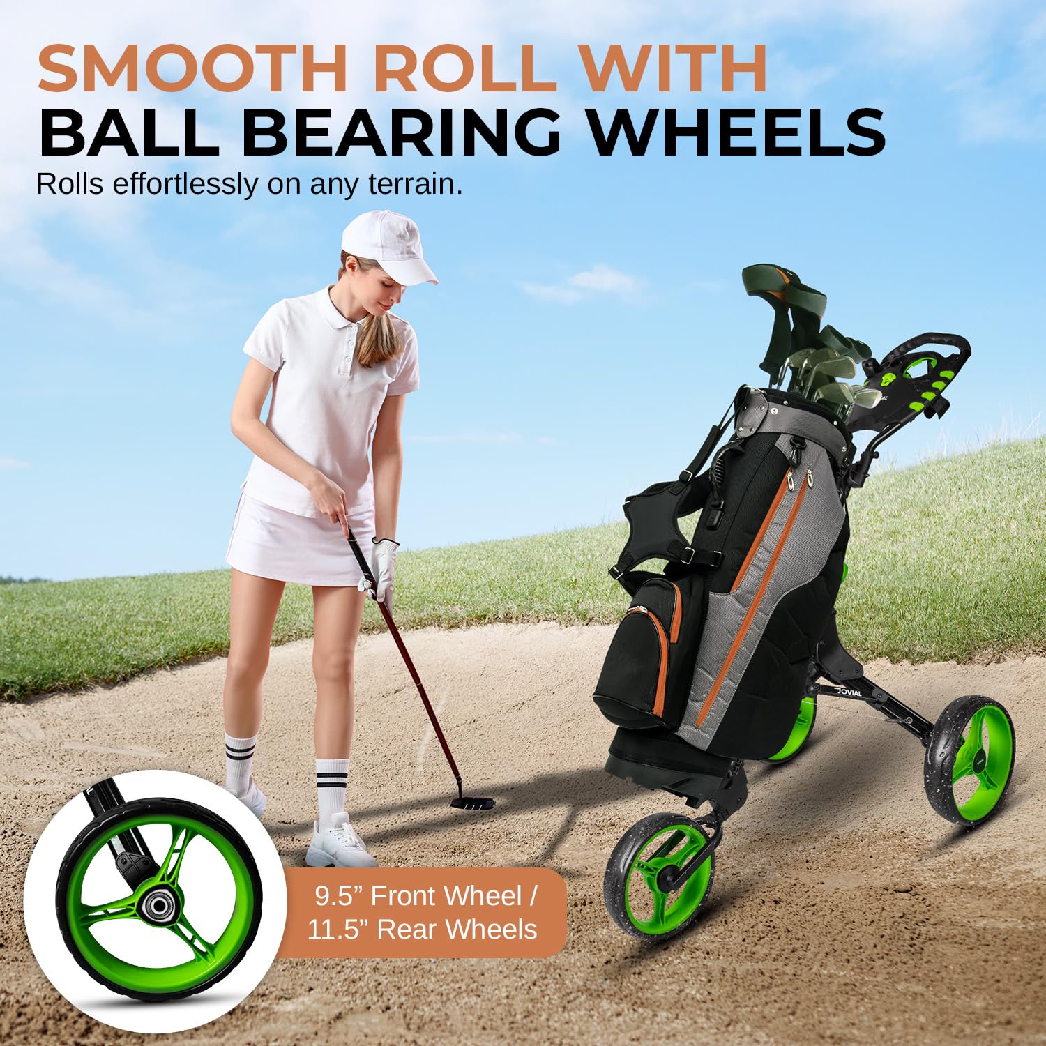 JOVIAL 3 Wheel Golf Push Cart - Lightweight Aluminum Frame Golf Caddy with Deluxe Scorecard Holder & Patented Bag Holder | Foldable, Collapsible & Adjustable Handle | Perfect for Golf Courses, Driving Ranges & Outdoor Practice