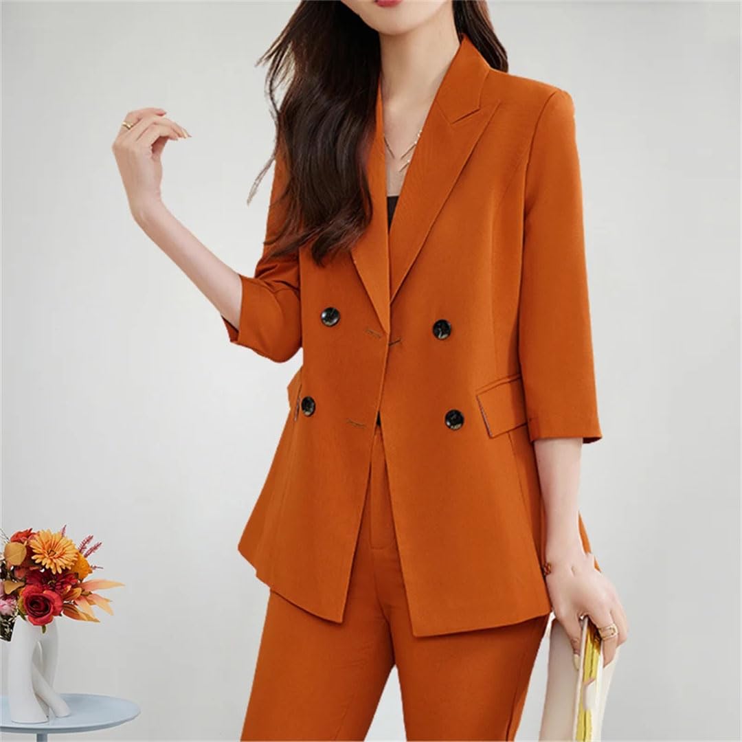 Women's Double Breasted Blazer Suit Set with 3/4 Sleeve Jacket & Trousers - Professional Office Wear, Business Attire, and Formal Outfits for Work or Special Occasions