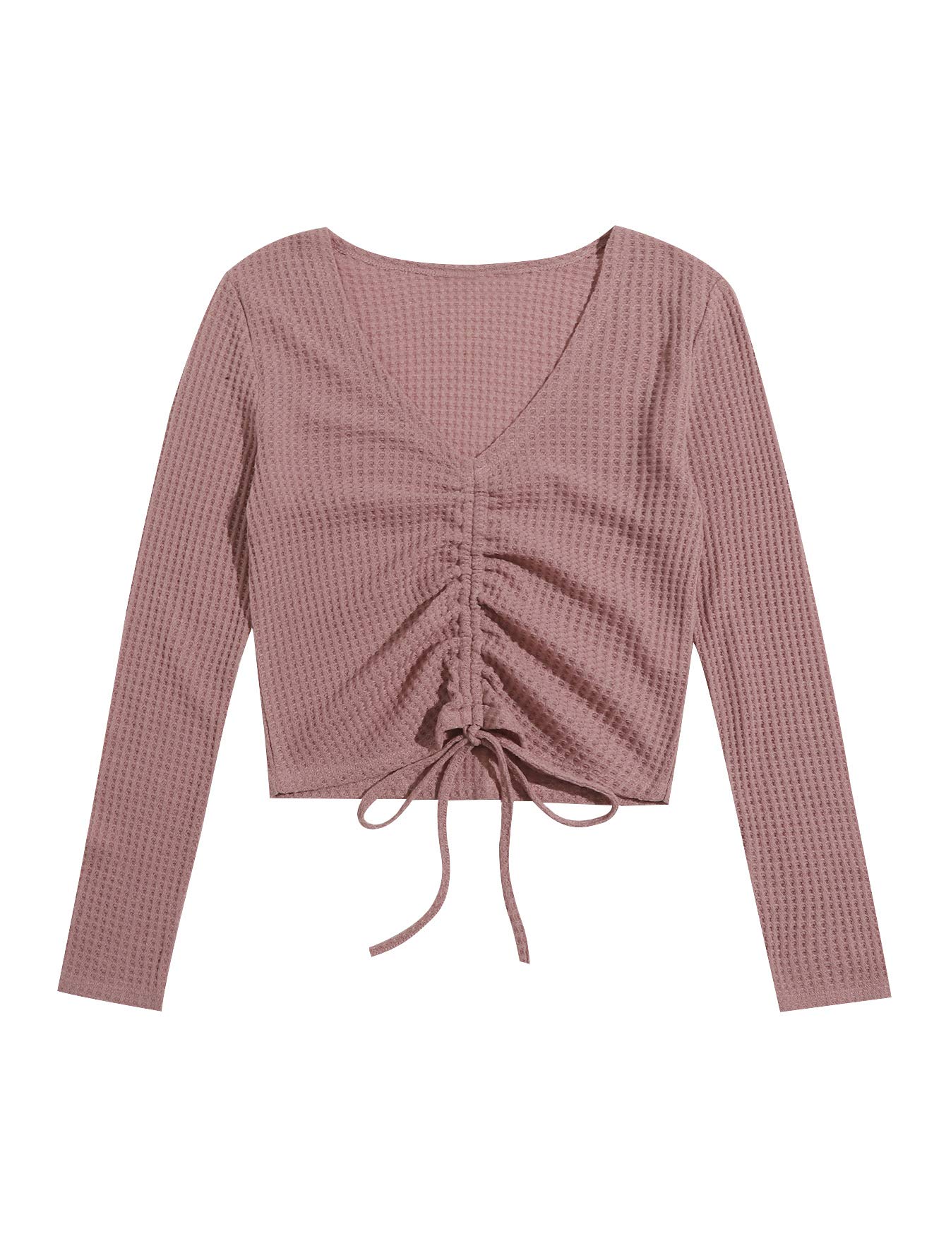 Romwe Women's V-Neck Long Sleeve Tie Front Waffle Knit Blouse - Casual Drawstring Top for Fall & Winter, Perfect for Office, Date Night and Layering