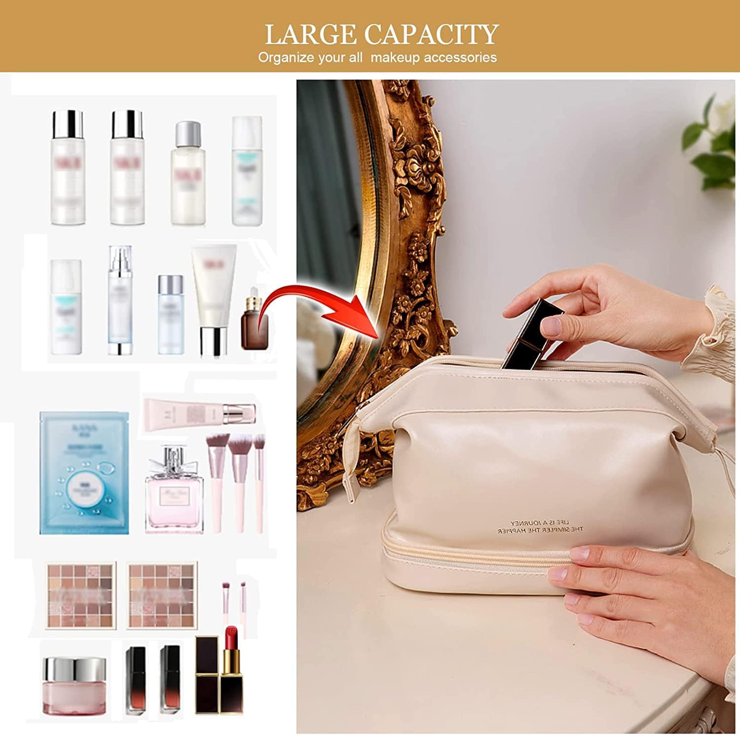 Double Layer Leather Makeup Bag for Women - Large Capacity Travel Toiletry Organizer (25cm, White) - Perfect for Cosmetic Storage, Business Trips & Vacation Essentials