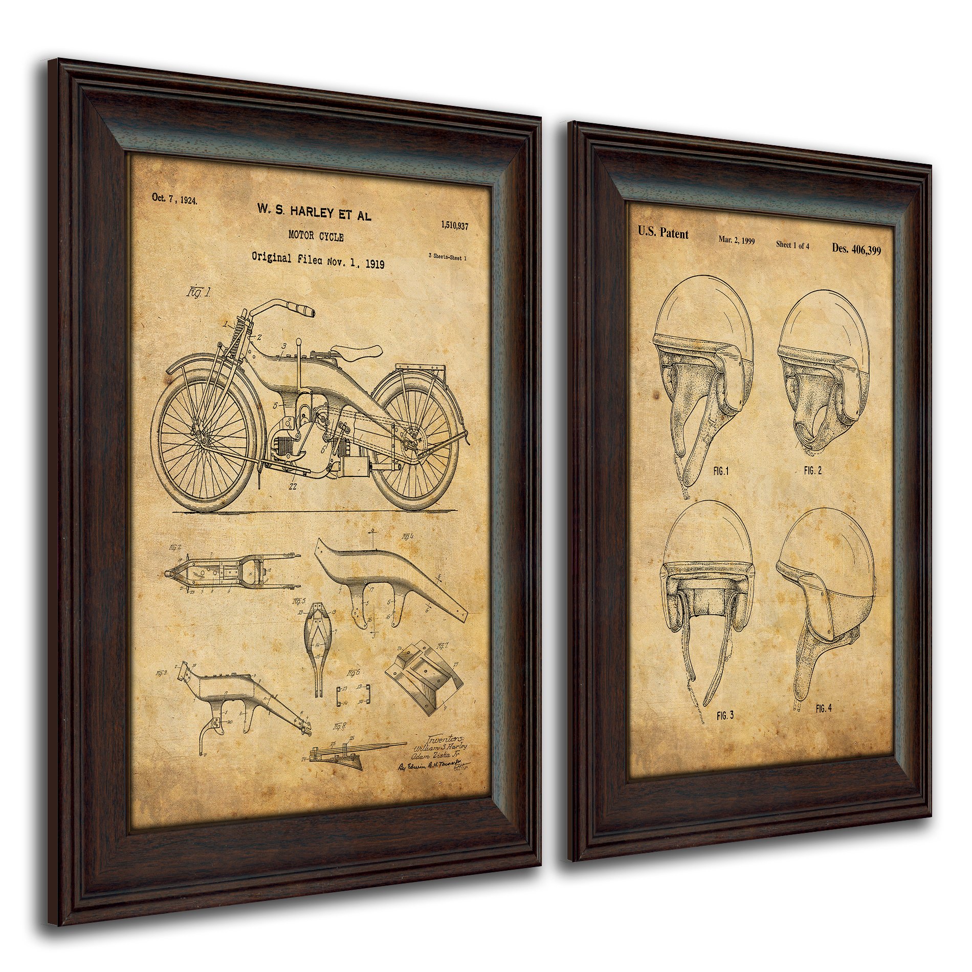 Vintage Harley Davidson Motorcycle Wall Art - US Patent Prints Framed Behind Acrylic (2-Piece Set with Helmet & Bike) - Perfect for Man Cave, Garage Decor, Biker Gifts & Motorcycle Enthusiast Home Decor