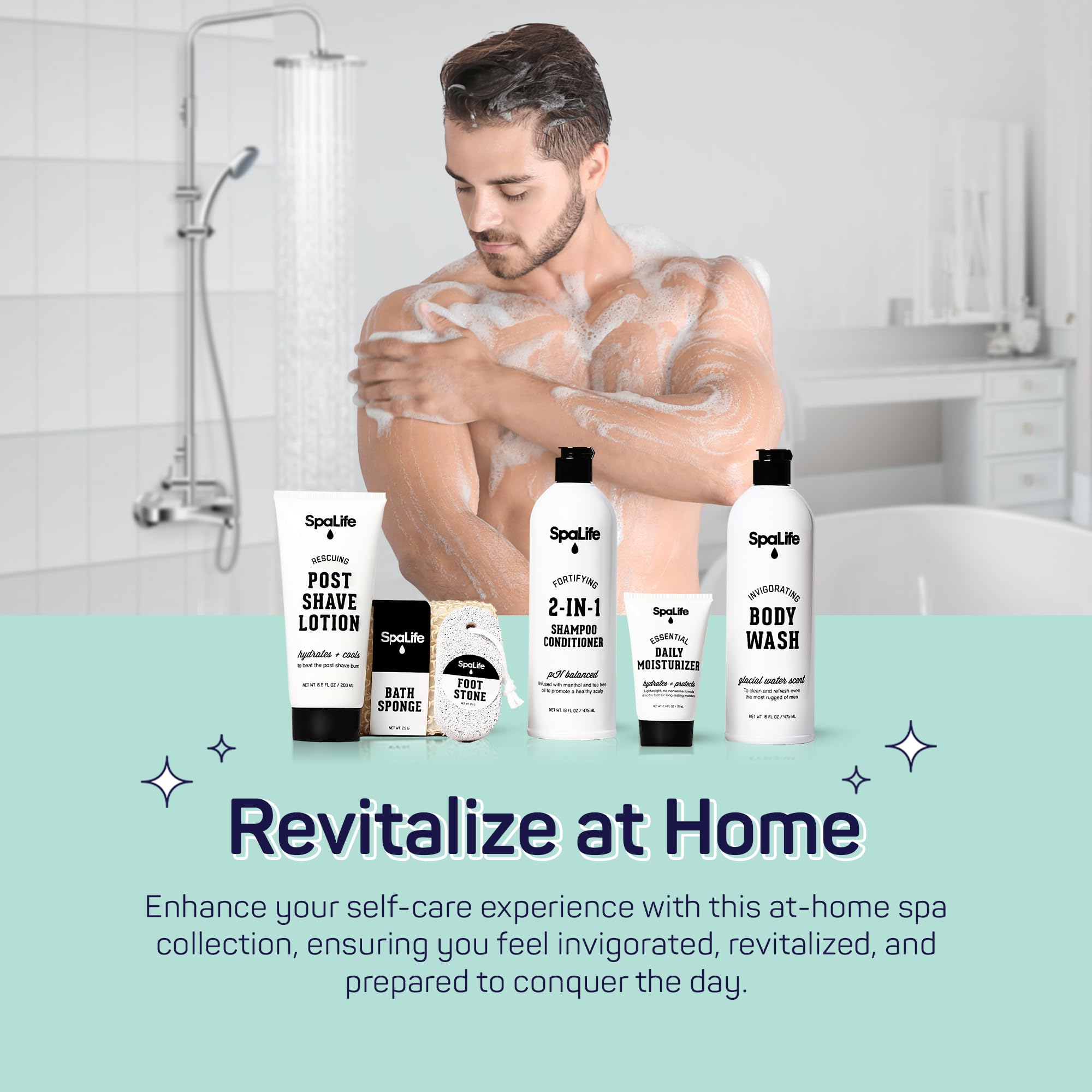 SpaLife 7-Piece Men's Grooming Gift Set - 2-in-1 Shampoo & Conditioner, Body Wash, Daily Moisturizer, Post-Shave Lotion, Bath Sponge & Foot Stone | Perfect for Home Spa, Self-Care Routine & Gifts for Men