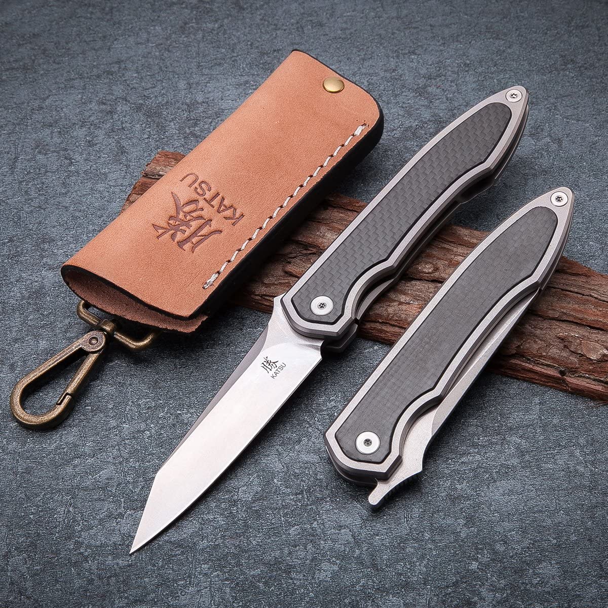 KATSU JT02 Titanium Carbon Fiber Knife - VG10 Stainless Steel Blade with Leather Sheath - Outdoor Camping, Hunting & Survival Gear