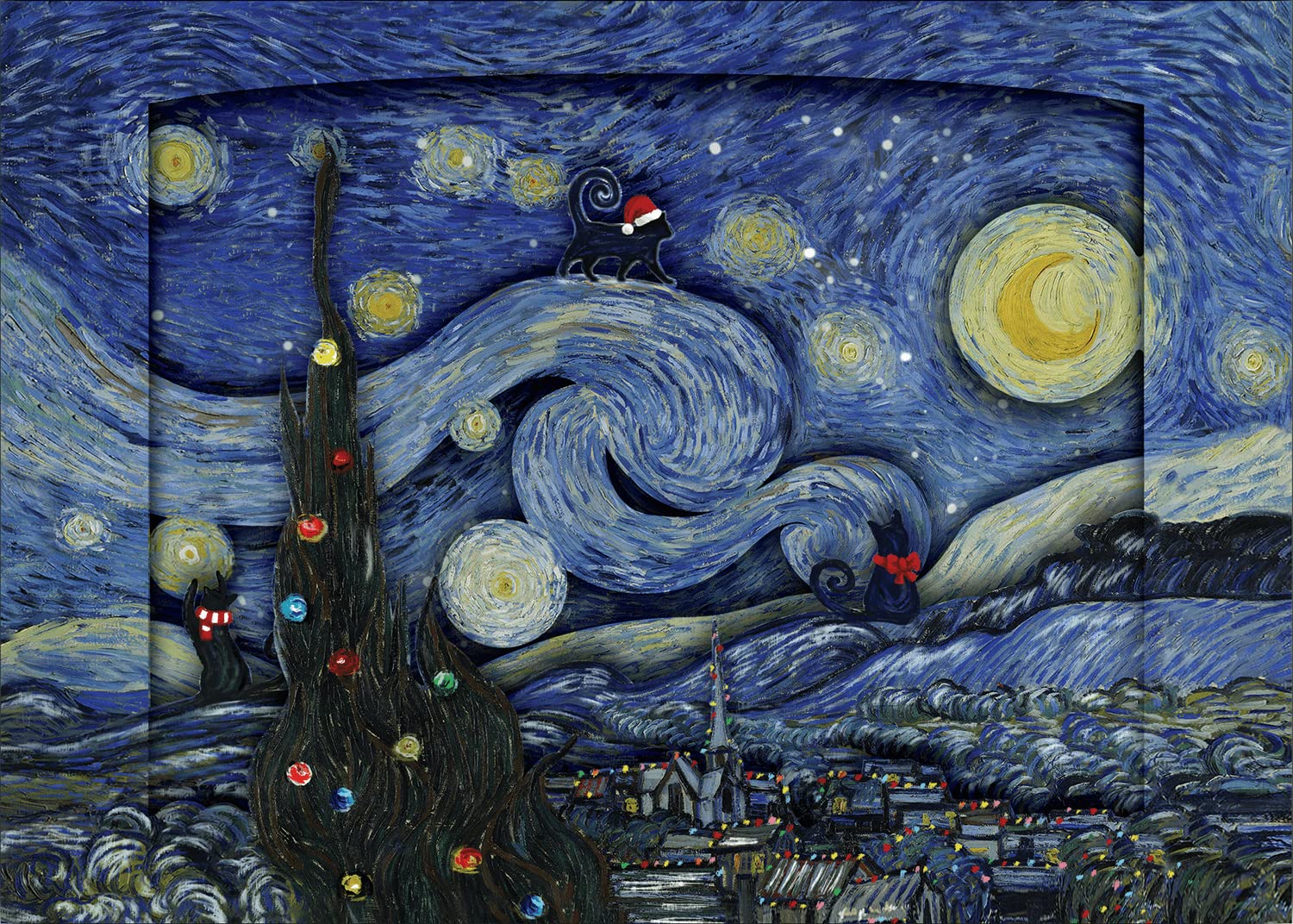 Meowy Christmas Pop-Up Greeting Card - Starry Night Holiday Art Card for Friends & Family | Christmas Gift, Flat-Fold Design with Envelope | Perfect for Holiday Wishes, Office Exchanges & Festive Decor