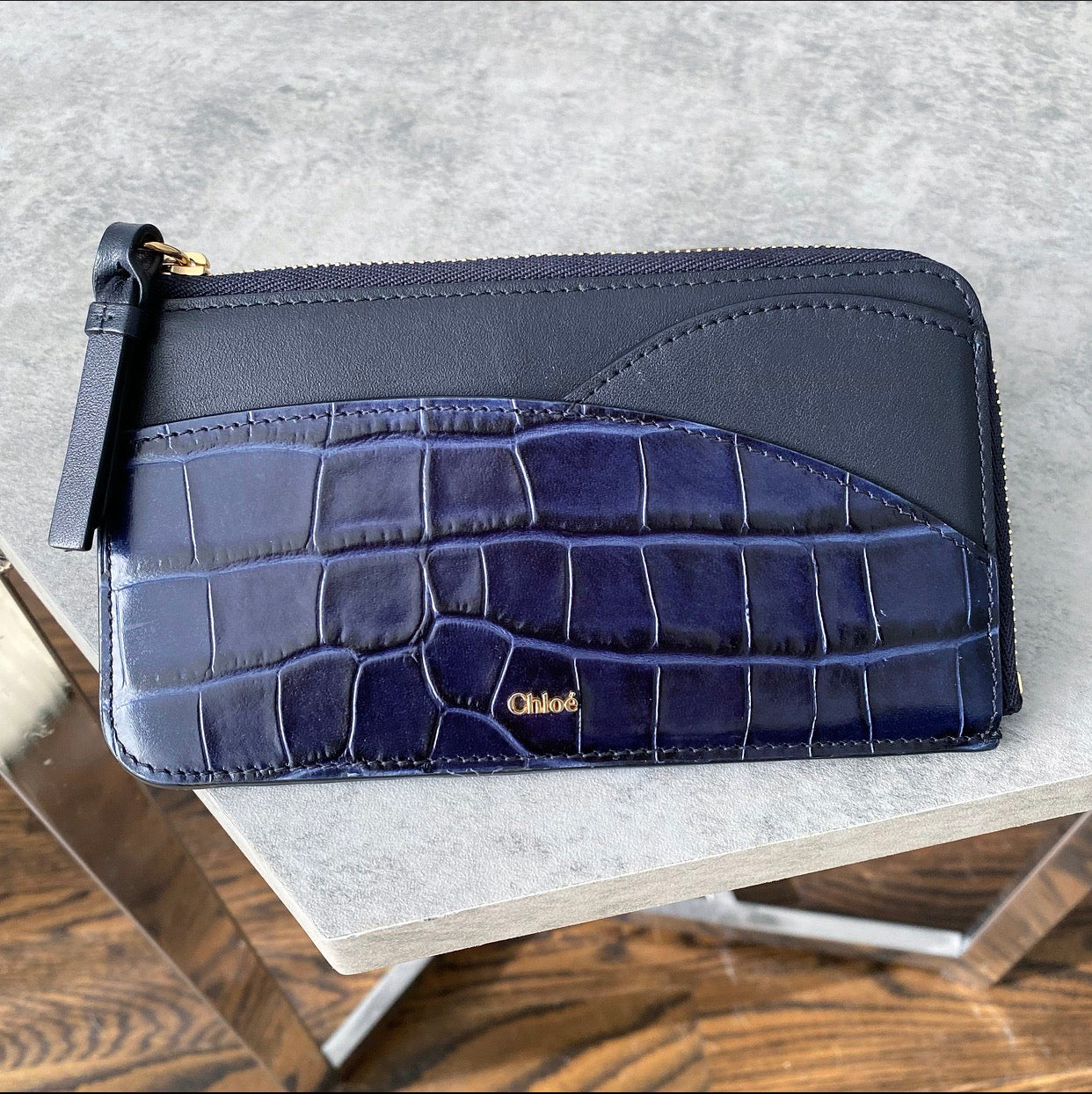 Chloe Navy Blue Embossed Leather Card Holder Wallet - Slim RFID Blocking Credit Card Case for Women & Men - Perfect for Everyday Use, Travel, and Business
