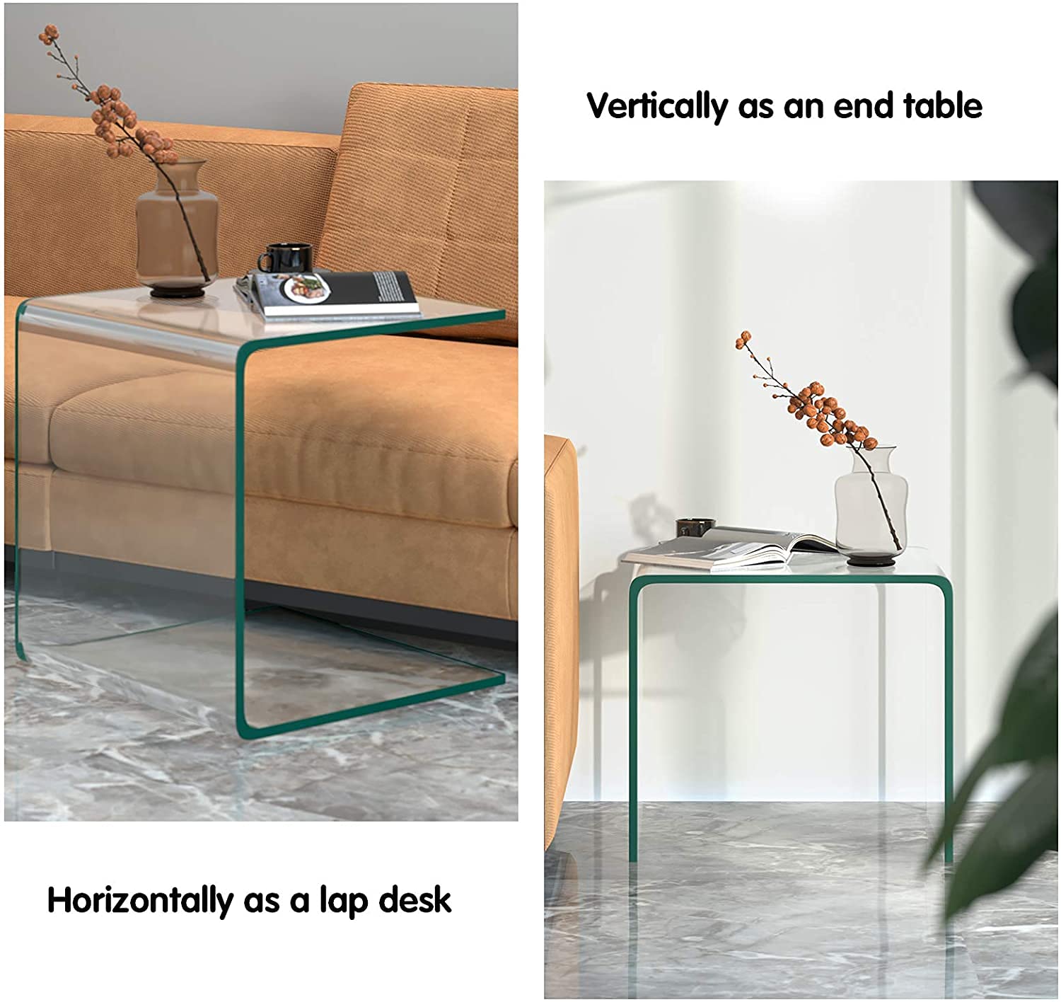 Premium U-Shaped Tempered Glass End Table - Clear Modern Coffee & Snack Table with Rounded Corners & Non-Slip Foot Pads - Perfect for Living Room, Bedroom, Office - Ideal for Sofa Side, Bedside & Small Space Decor