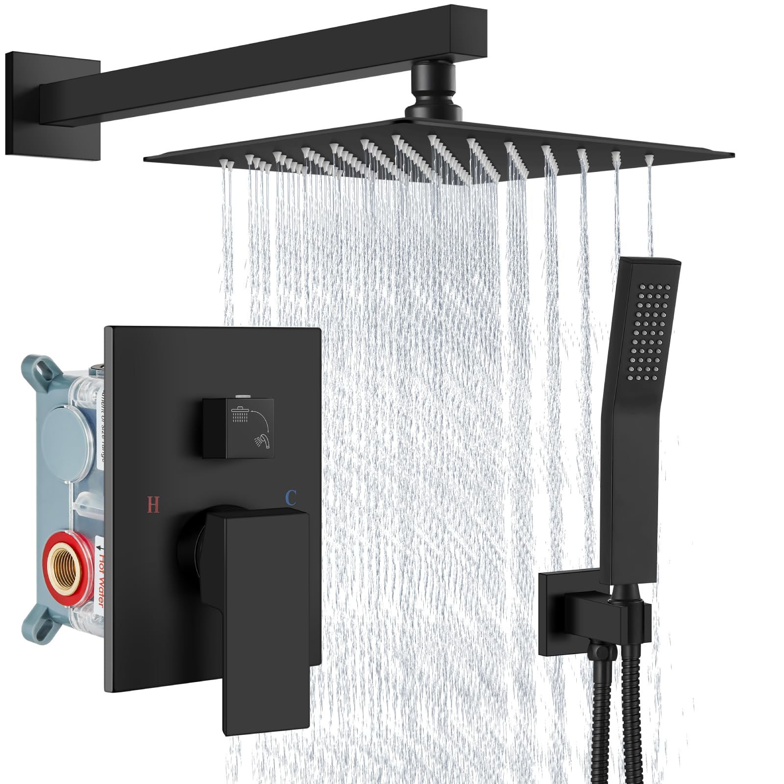 Aolemi Matte Black 8 Inch Wall Mount Shower Faucet Set - Rain Shower System with Handheld Spray, Rough-in Valve & Shower Trim Kit - Perfect for Modern Bathroom Renovation & Spa-Like Shower Experience