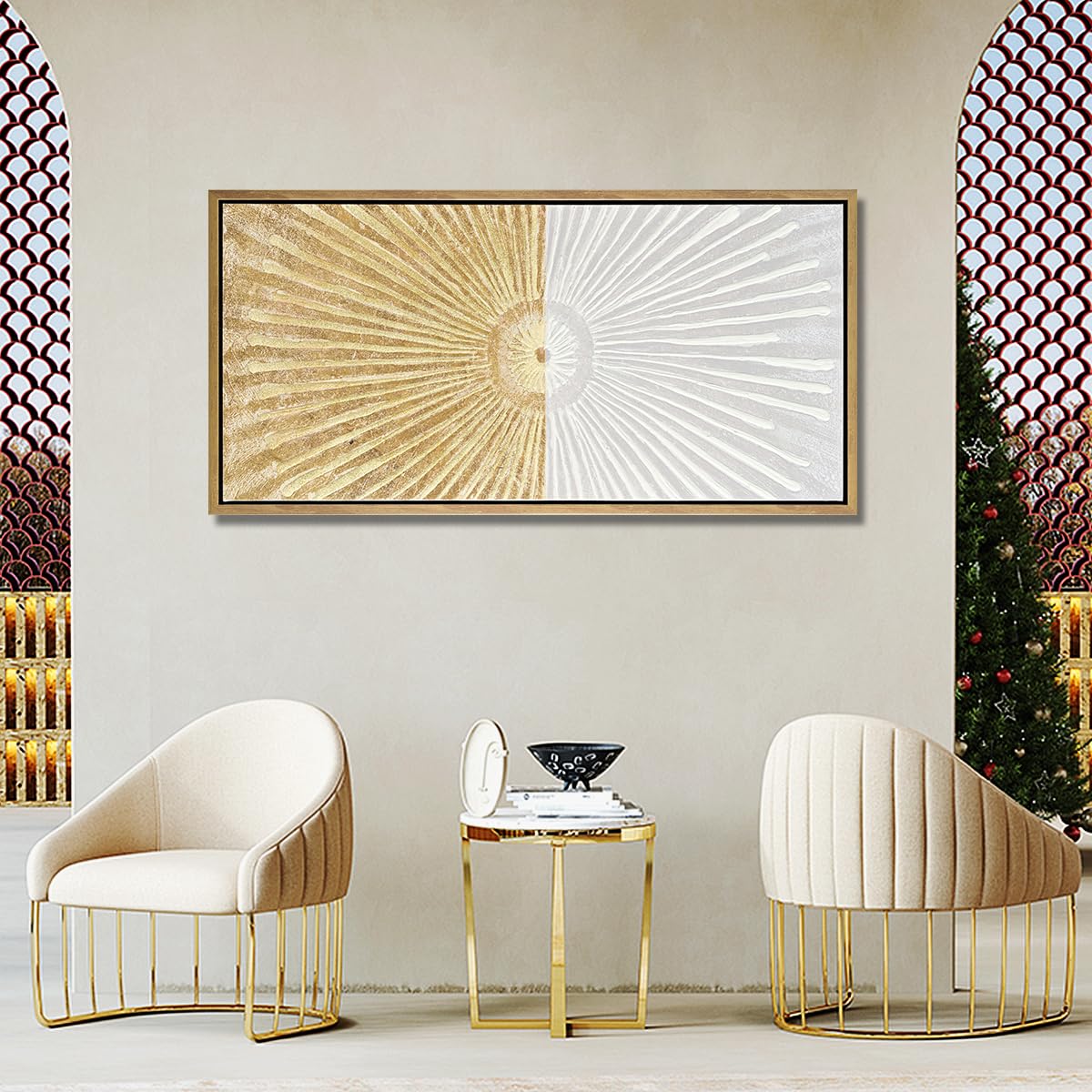 Abstract Modern White & Gold Symmetrical Line Framed Canvas Wall Art - 24