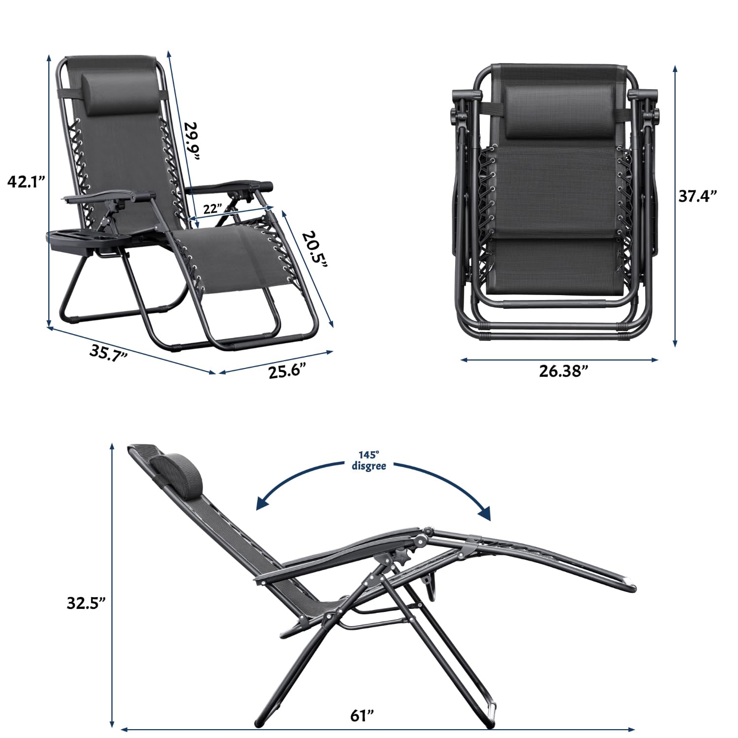**Greesum Zero Gravity Lounge Chairs Set of 2 - Adjustable Steel Mesh Recliners for Outdoor Relaxation, Beach, Deck, Lawn, Camping & Patio - Foldable with Cup Holder, Side Trays & Pillows - Dark Black - Perfect for Sunbathing, Backyard Lounging & Poolside Relaxation**