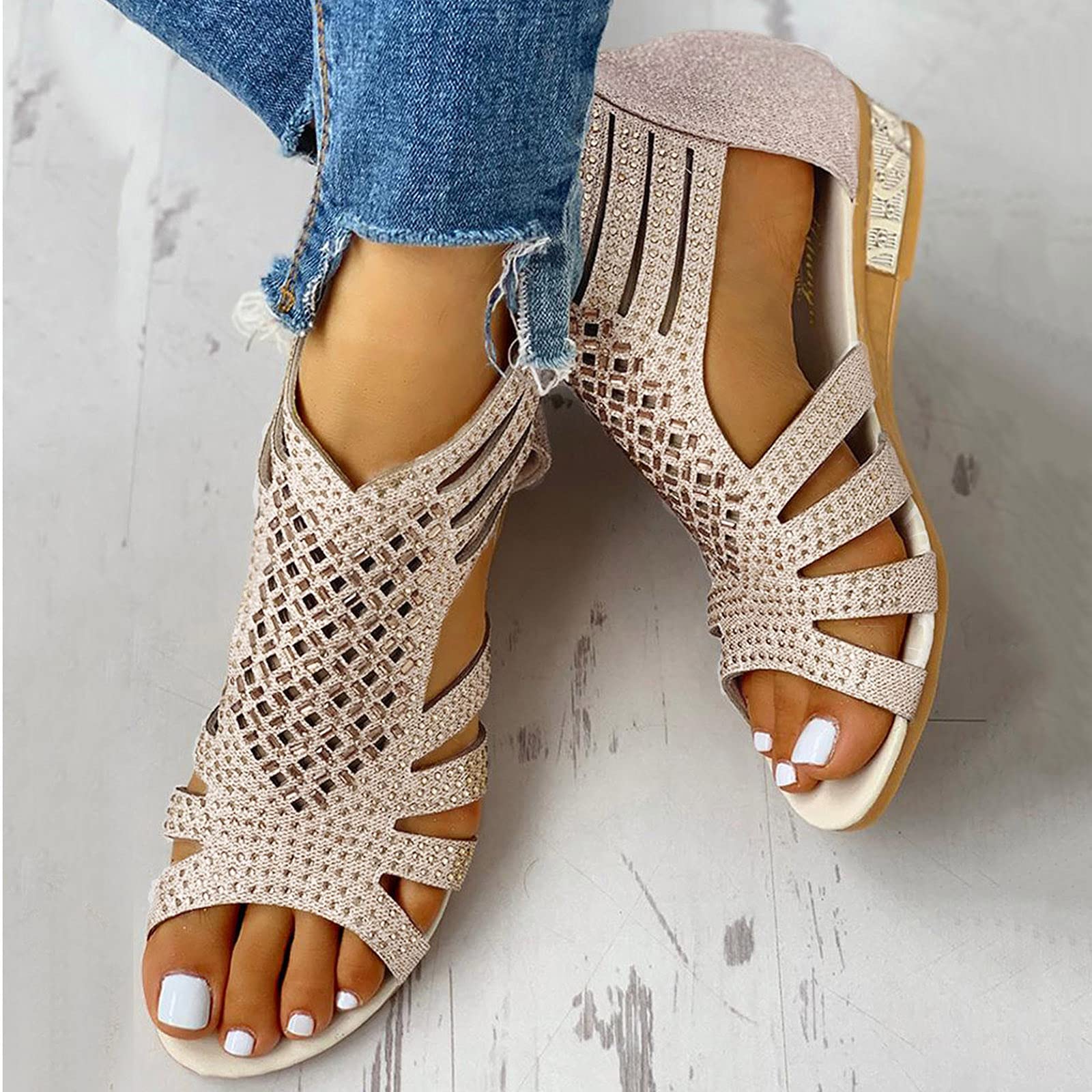 Women's Strappy Boho Sandals - Flat Open Toe Roman Flip Flops for Summer | Casual Beach Shoes in Beige | Perfect for Vacations, Poolside & Outdoor Adventures