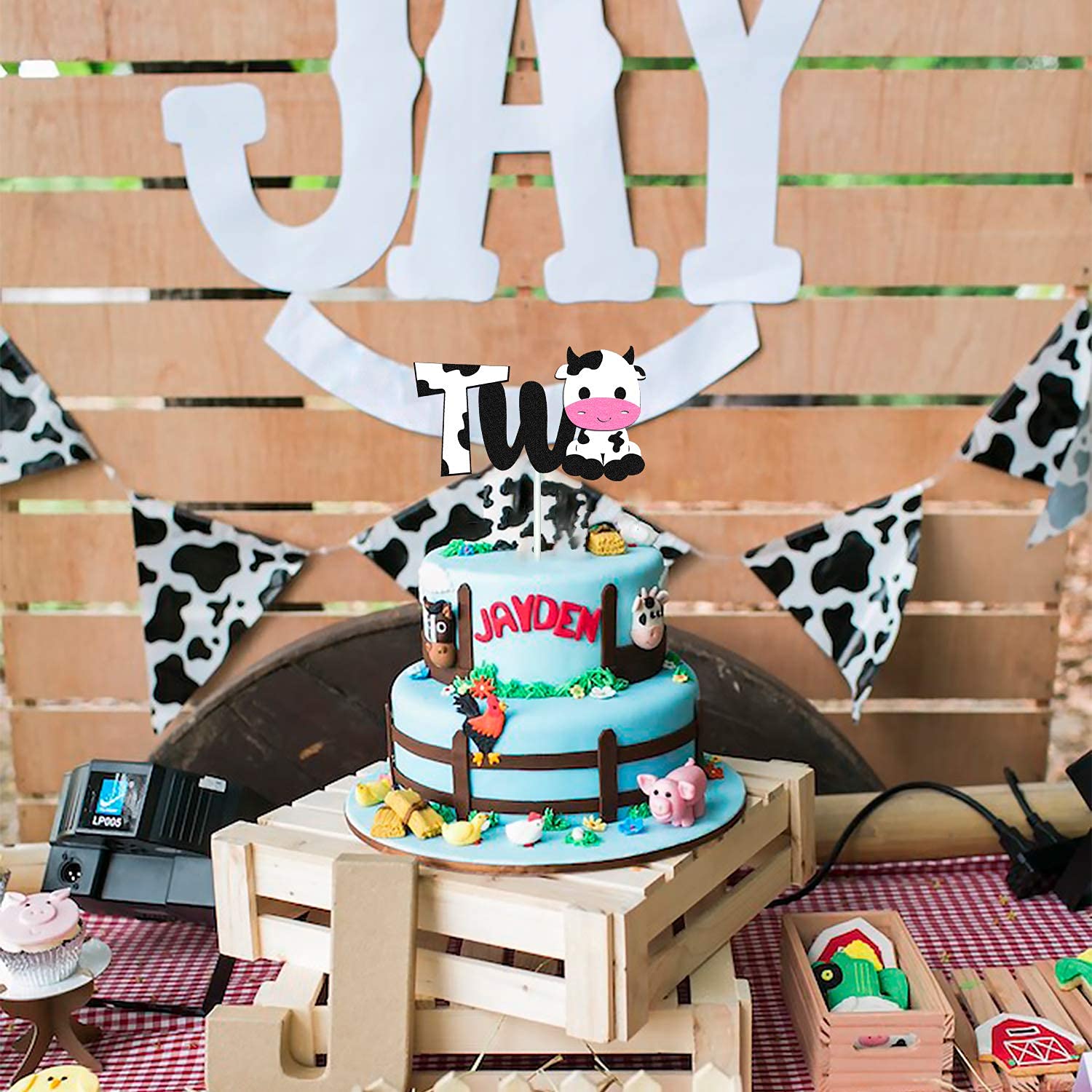 Happy 2nd Birthday Cow Cake Topper - Double Sided Black Sparkle Farm Animal Decorations for Cow Themed 2nd Birthday Party, Zoo Party Supplies - Perfect for Farm Animal Birthday Cakes, Baby Showers & Barnyard Celebrations
