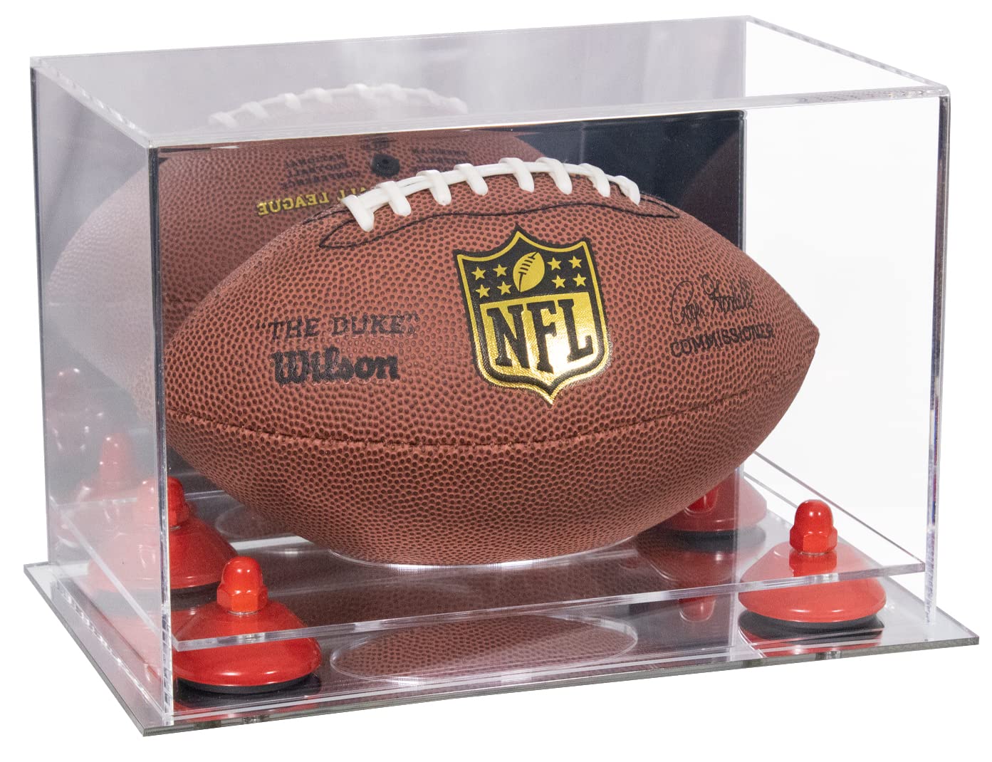 Acrylic Mini Football Display Case with Mirror Back & Base - Miniature Football Showcase with Silver Risers (B43/A005) - Perfect for Collectibles, Sports Memorabilia, and Office Desk Decor