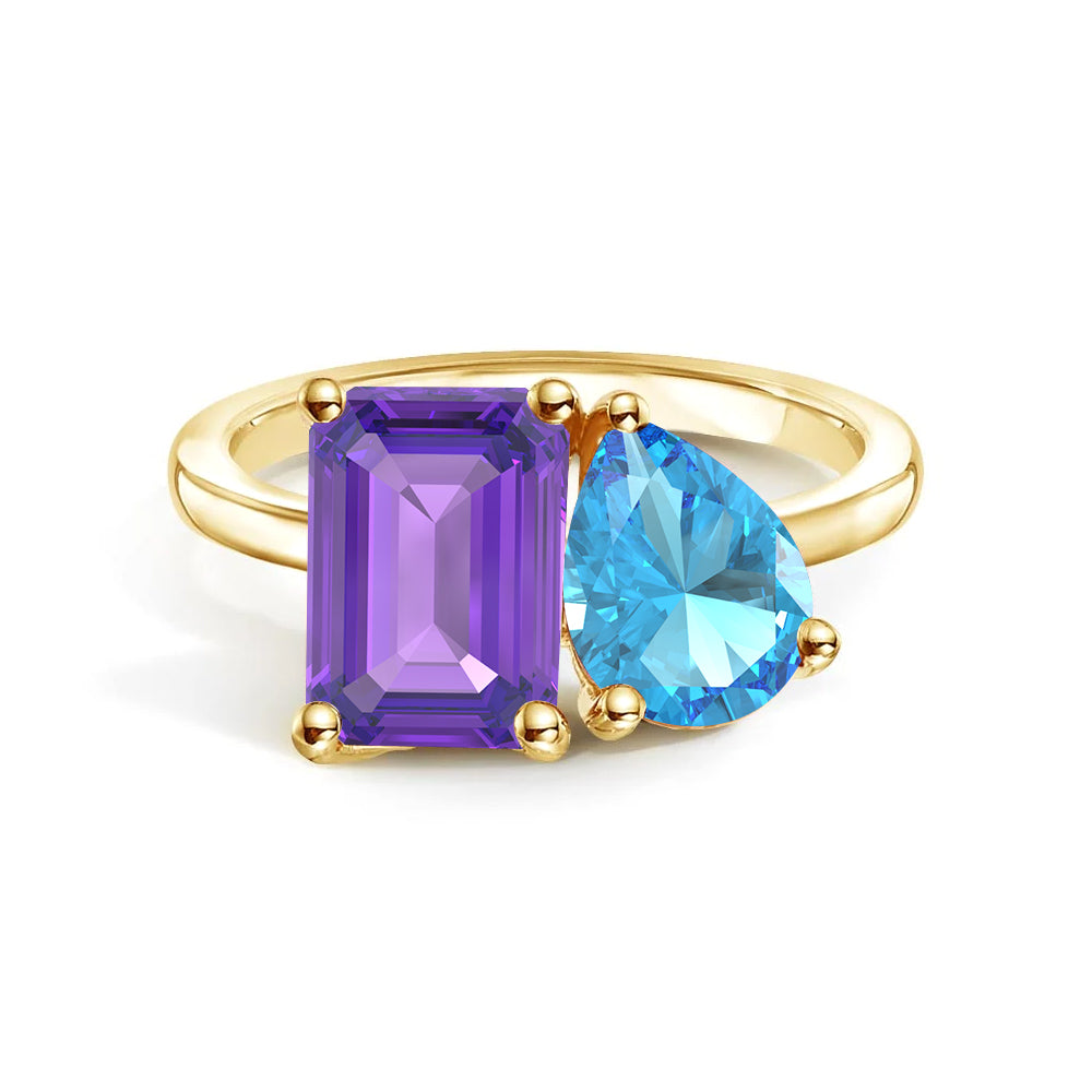 Personalized Toi et Moi Amethyst Birthstone Ring - Custom Anniversary Jewelry for Couples, Gift for Her, Romantic Proposal & Wedding Band