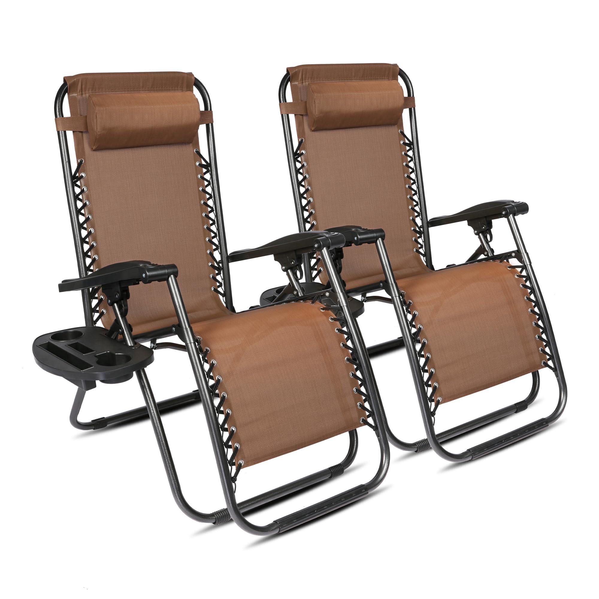 LUCKYERMORE Adjustable Textilene Zero Gravity Chairs Set of 2 - 300LB Capacity Outdoor Folding Recliners with Pillow, Portable Patio Lounge Chairs for Poolside, Beach, Backyard & Garden Relaxation (Brown) - Perfect for Sunbathing, Reading and Outdoor Napping