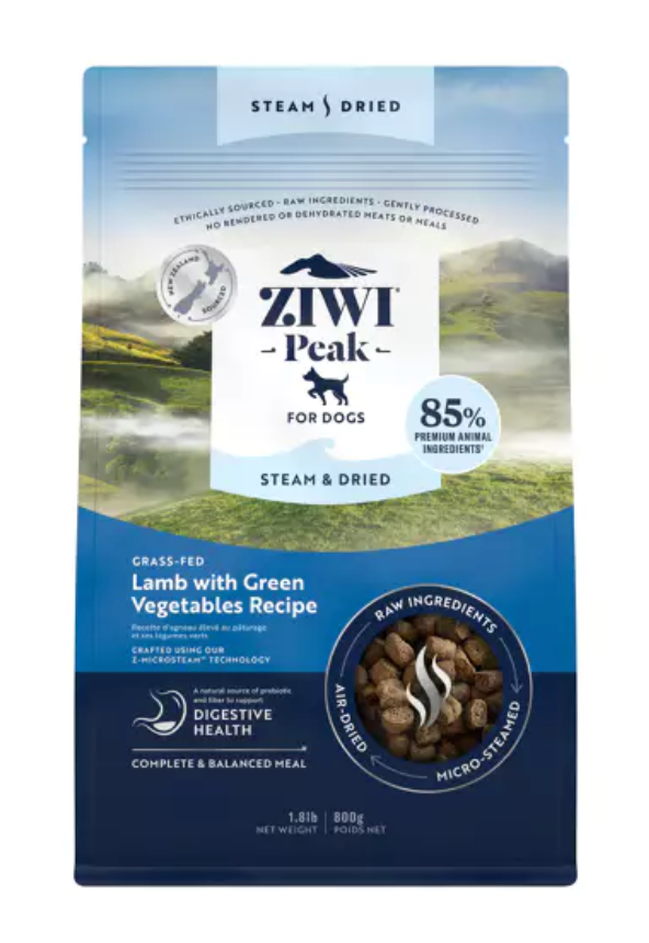 Ziwi Peak Lamb with Green Vegetables Steam Dried Dog Food - High Protein Grain-Free Natural Dog Treats for Small & Large Breeds - Perfect for Training, Rewards & Outdoor Adventures