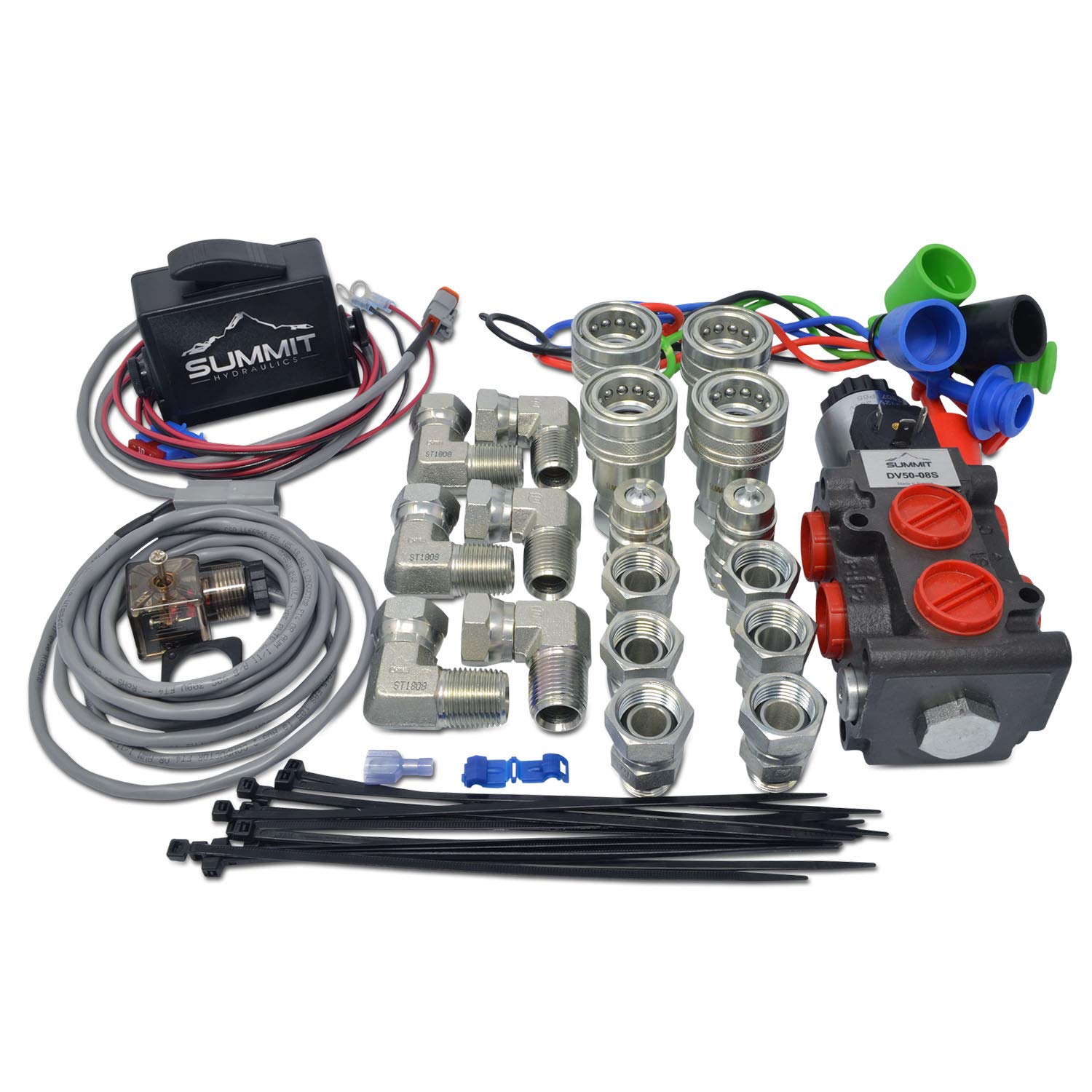 Summit Hydraulics Hydraulic Multiplier Diverter Solenoid Selector Valve with Rocker Switch & AG Coupler Kit - Heavy Duty Tractor & Farm Equipment Hydraulic System Accessory