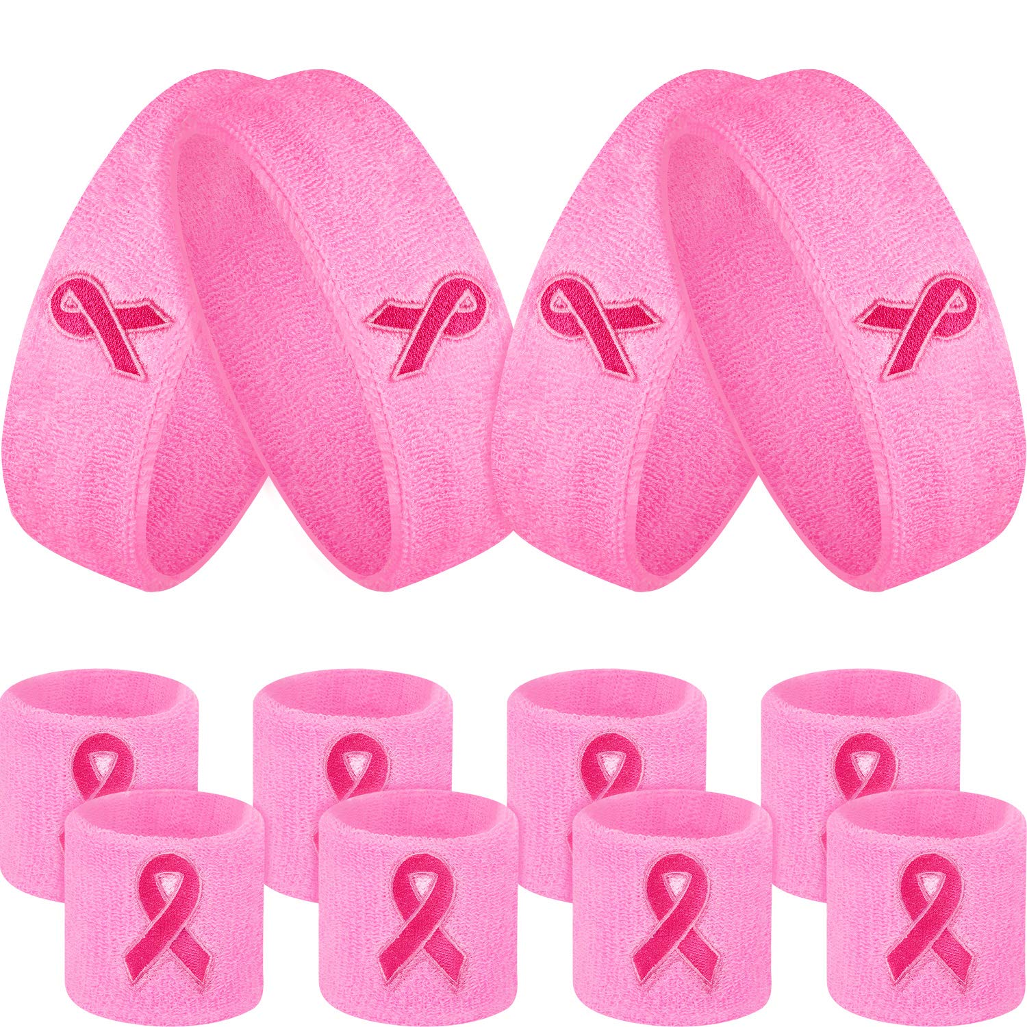 12-Piece Breast Cancer Awareness Headband & Wristband Set - Pink Ribbon Headbands for Survivors, 4 Sports Headbands & 8 Wristbands - Perfect for Cancer Awareness Events, Fundraisers & Support Gifts