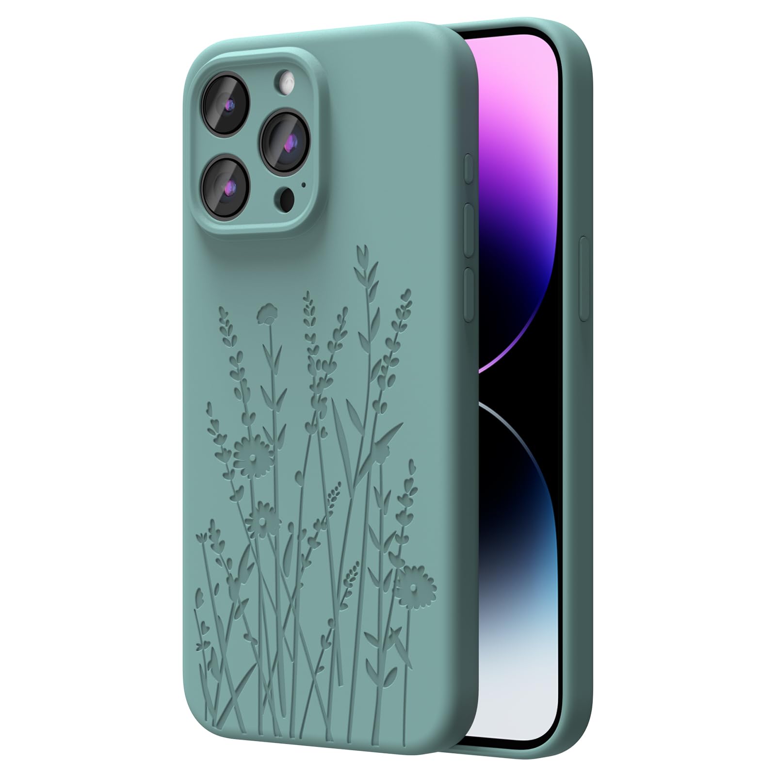 Magnetic Engraved iPhone 15 Pro Case with Magsafe Compatibility | Slim Liquid Silicone Phone Cover with All-Round Camera Protection | Elegant Midnight Green Floral Design for Women & Girls | Perfect for Everyday Use, Work & Travel Protection