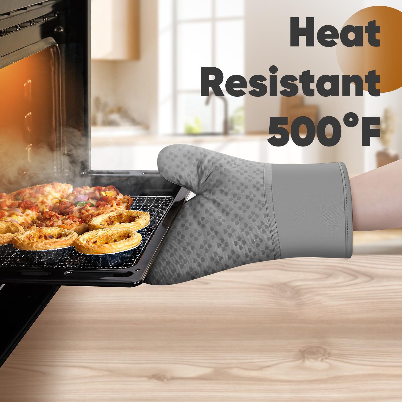 Heat Resistant Oven Mitts and Pot Holders Set of 4 - 500℉ Protection with Non-Slip Silicone Surface - Kitchen Essentials for Cooking, Baking, BBQ & Grilling - Perfect for Holiday Baking, Camping & Outdoor Cooking (Grey)