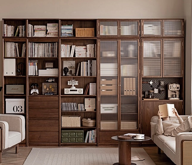 Solid Black Walnut Wood Bookcase with Glass Doors - Stylish Display & Storage Cabinet for Living Room, Office, or Library