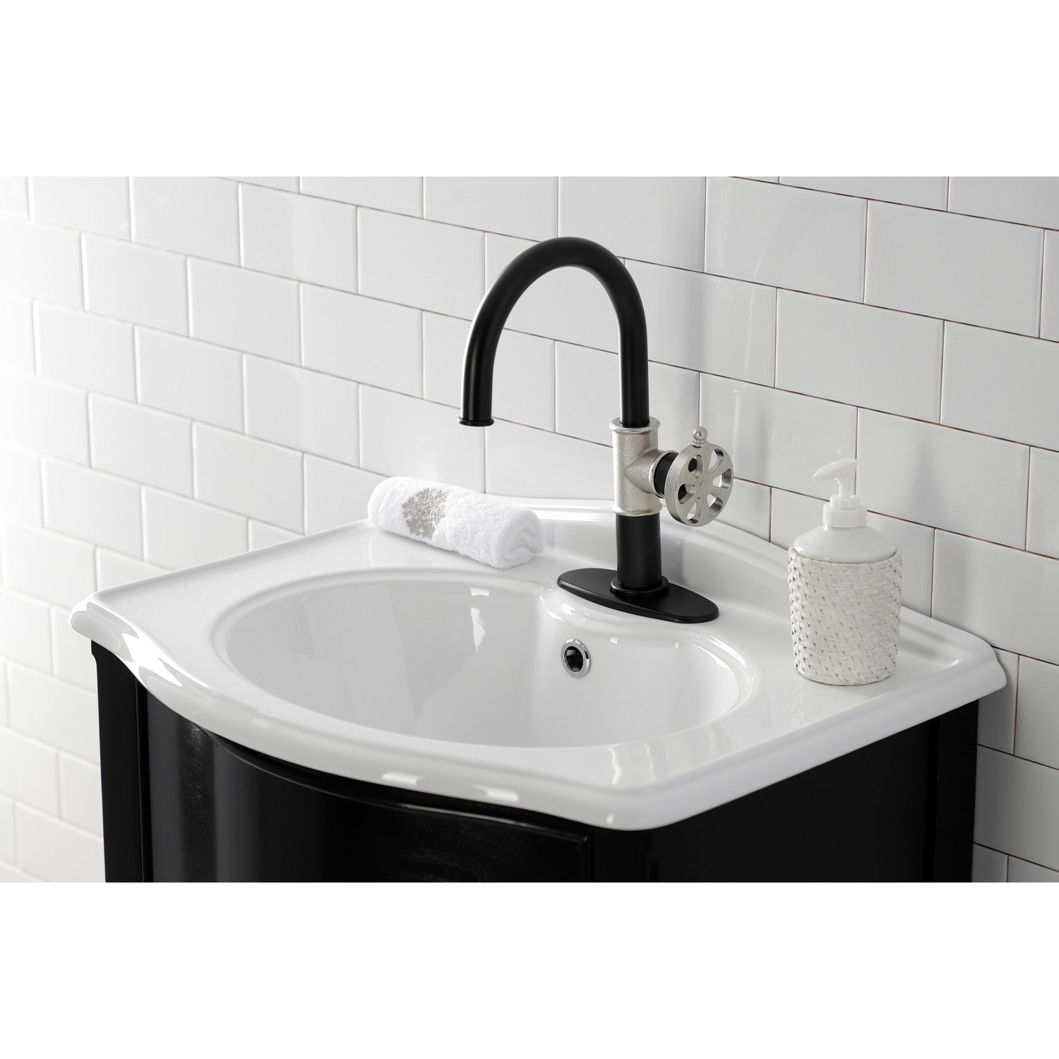 Belknap KSD2236RX Single Handle 1-Hole Bathroom Sink Faucet with Deck Plate & Push Pop-Up Drain - Matte Black/Polished Nickel Finish for Modern Bathroom Renovation & Home Upgrade