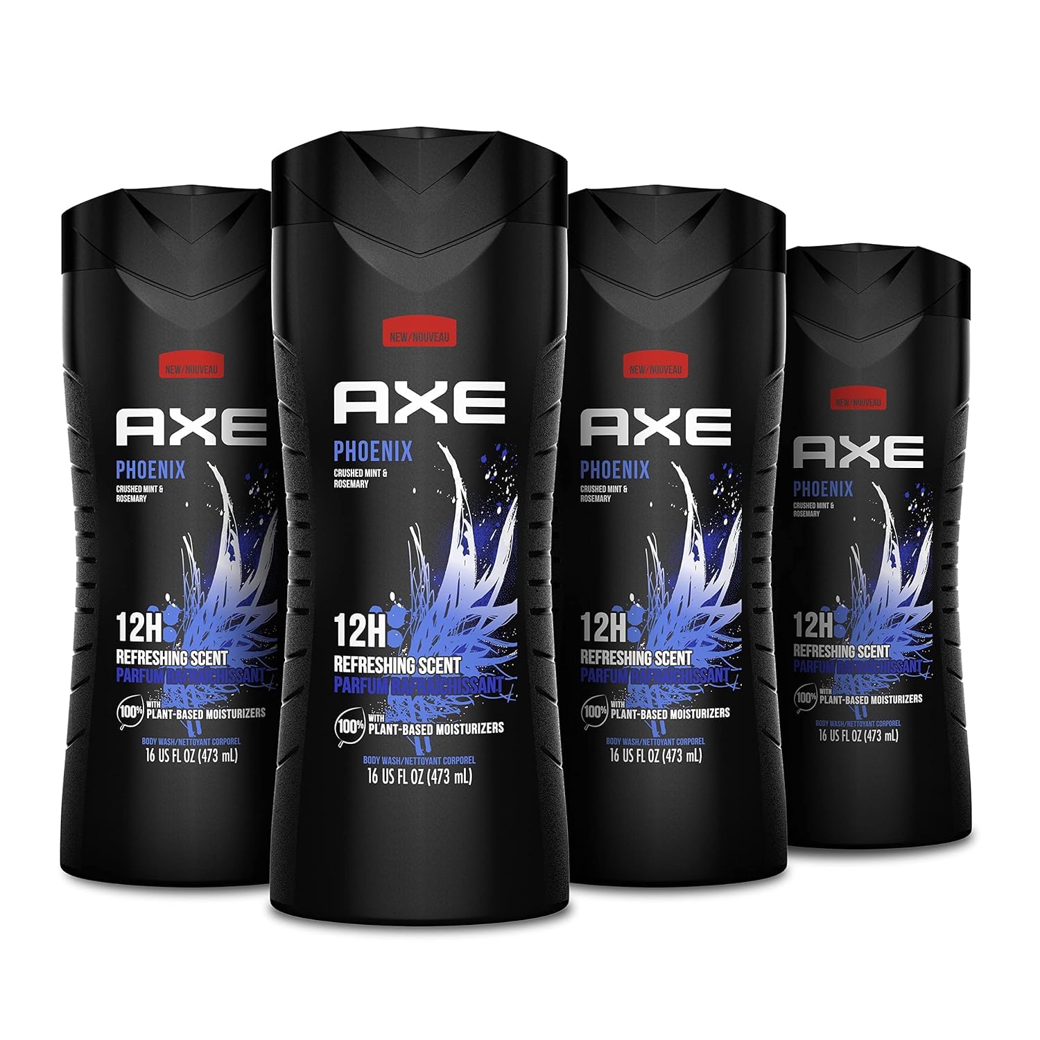 AXE Phoenix Crushed Mint & Rosemary Aluminum-Free Deodorant for Men (3oz, 4-Pack) & Body Wash with Plant-Based Moisturizers (16oz, 4-Pack) - Fresh Scent for Daily Use, Gym, Work & Outdoor Activities
