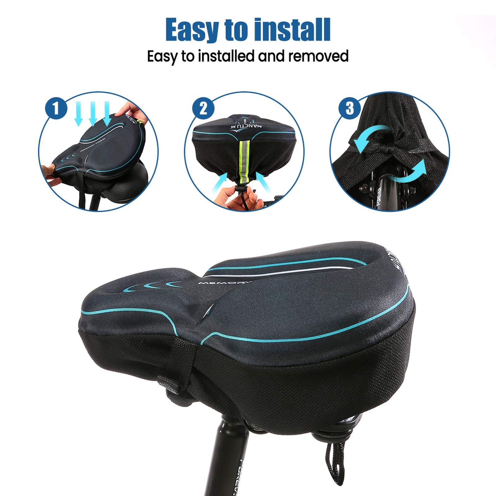 Premium Memory Foam Bike Seat Cushion Cover - Extra Wide & Soft Bicycle Saddle Pad for Men & Women - Universal Fit for Exercise Bikes, Cruisers, Spin Bikes - Waterproof & Comfortable for Long Rides, Commuting & Indoor Cycling Workouts