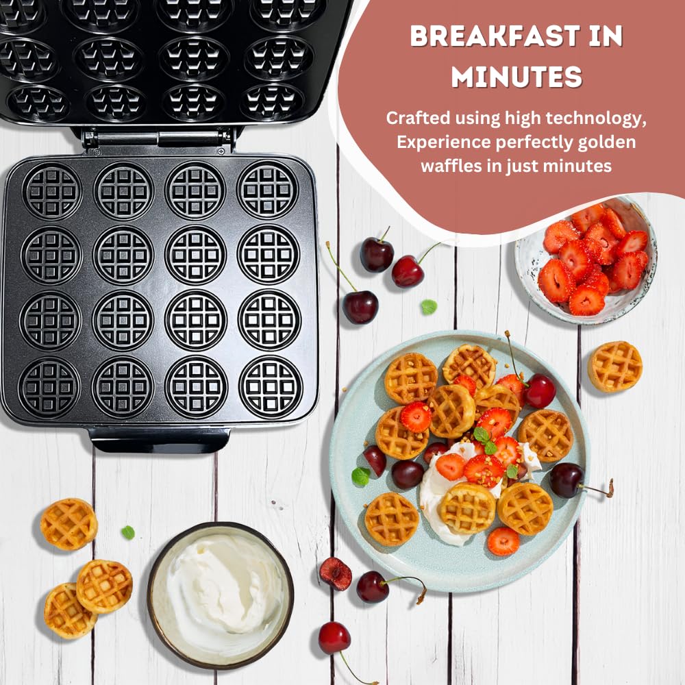 16 PCS Mini Waffle Maker Machine - Nonstick Quick Heat-Up Waffle Iron, Compact Chaffle Baker for Home & Restaurant Use - Perfect for Kids' Small Bites, Breakfast, Desserts & Snacks - Ideal for Family Gatherings, Brunch Parties & Quick Meals