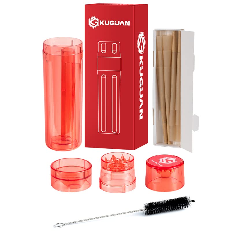 Premium Groove J Cornelius Portable Spice Grinder with Magnetic Lid & All-in-One Plastic Cone Case - King Size Pre-Rolls (12 Pack) + Single Cone Rolling Machine (Red) - Perfect for Herbs, Spices & DIY Pre-Rolled Cones at Home or On-the-Go