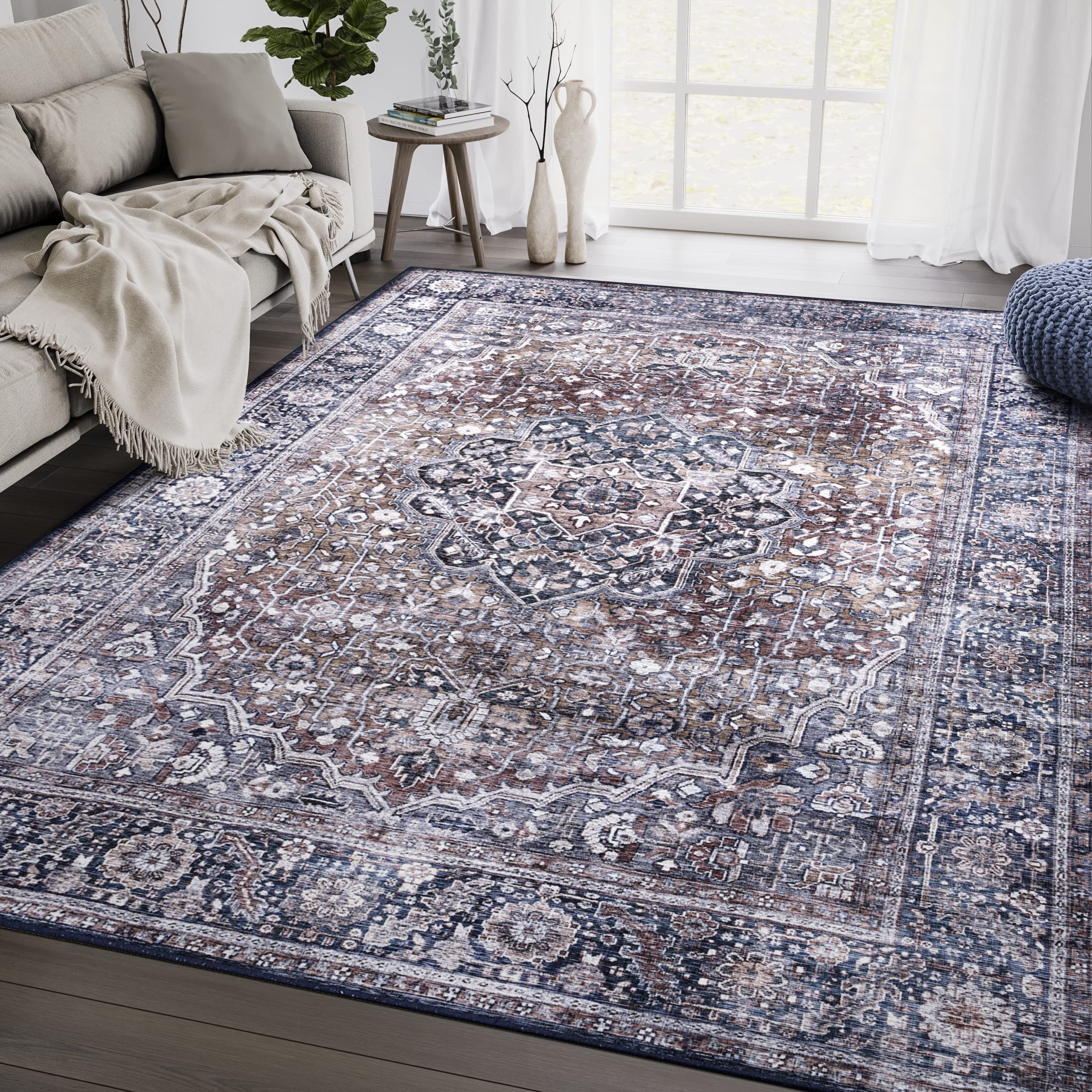 Abani 8' x 10' Vintage Rectangular Area Rugs - Blue & Brown Machine Washable Polypropylene Rug, Stain Resistant Non-Shedding Large Rug for Living Room, Bedroom, Dining Room & Office