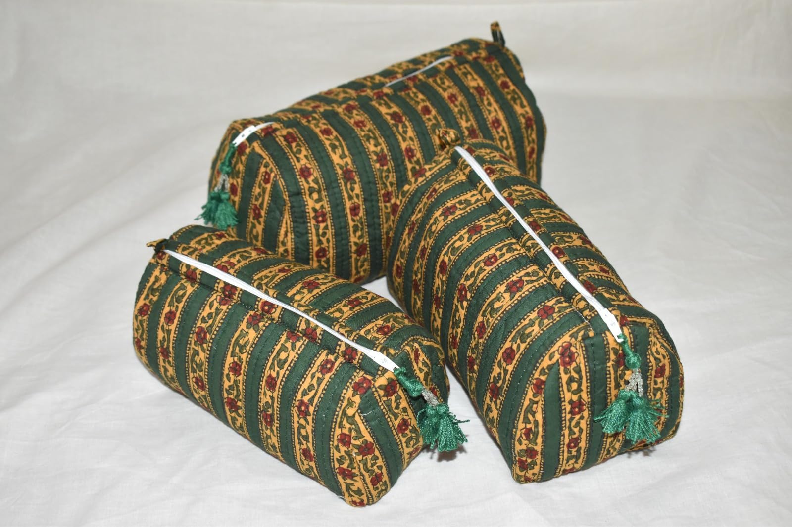 Handmade Jaipur Cotton Wash Bags - Set of 3 Eco-Friendly Toiletry & Cosmetic Pouches for Travel, Makeup Kit Storage | Vanity Organizer Bags in Green | Perfect for Gym, Vacation & Daily Use
