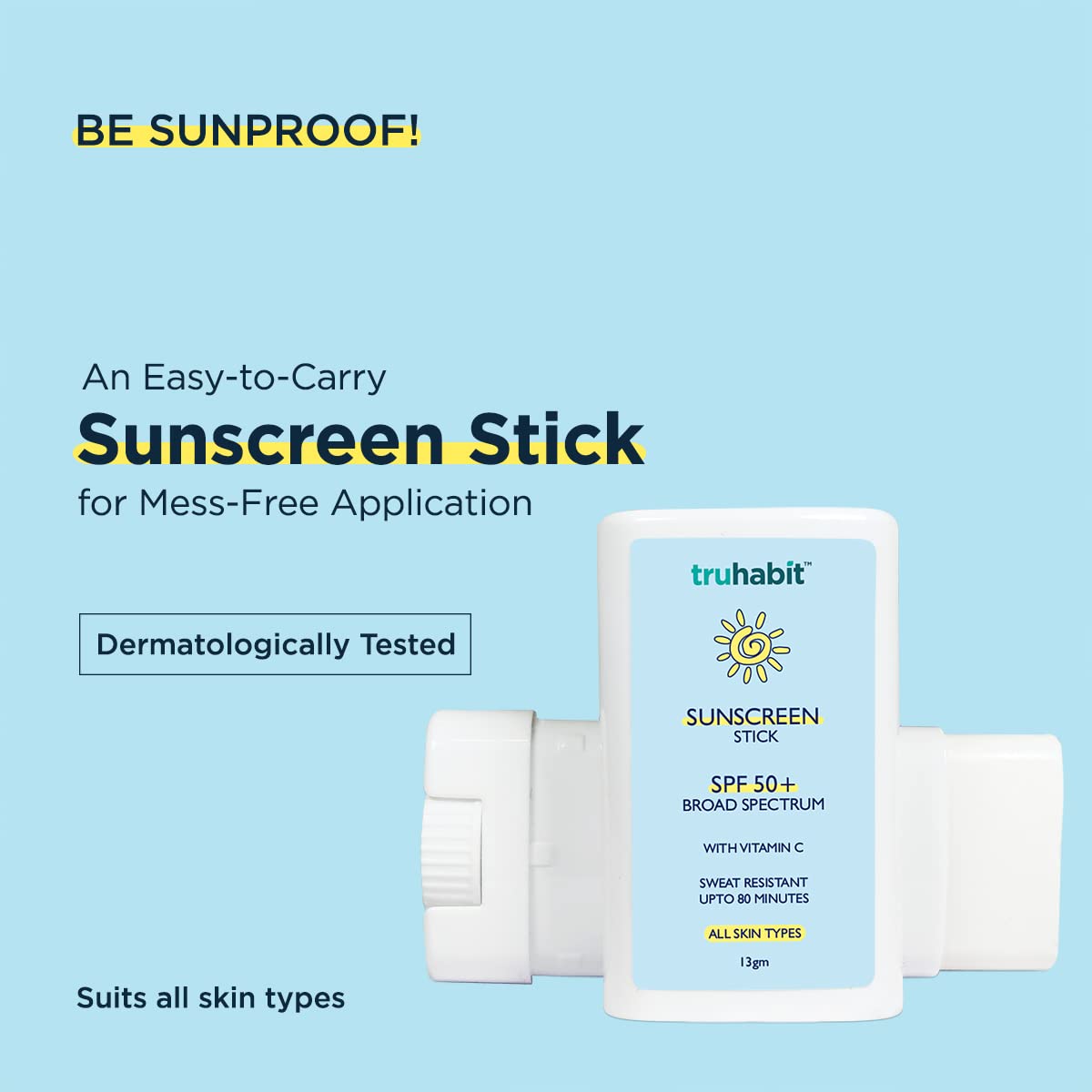 TruHabit SPF 50 Sunscreen Stick for Face - Dermatologist Tested Vitamin C Sun Protection for Women & Men - Oil-Free & Hydrating Formula for Oily & Dry Skin (13g) | Perfect for Beach, Sports & Daily Outdoor Activities
